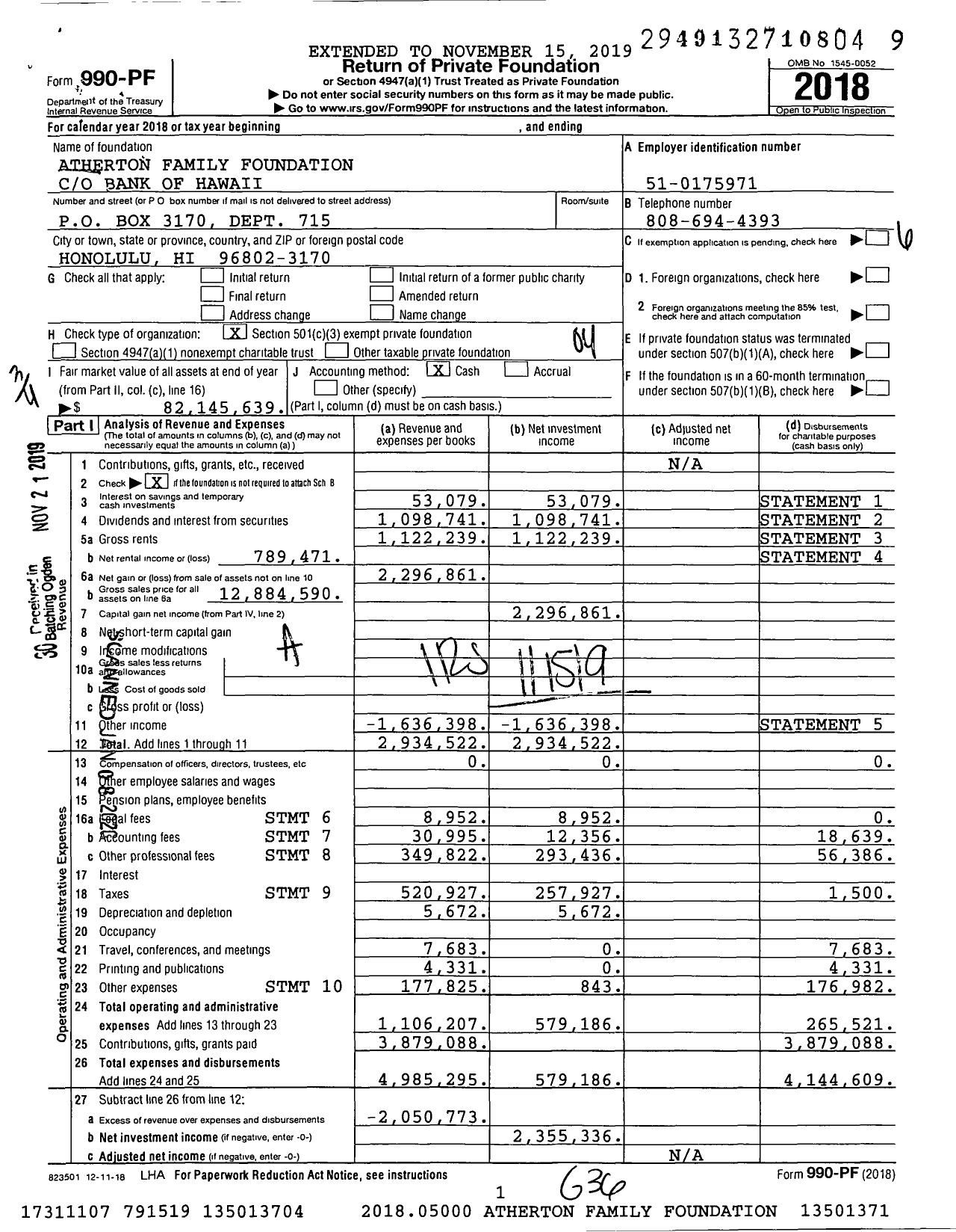 Image of first page of 2018 Form 990PF for Atherton Family Foundation XXX-XX-XXXX