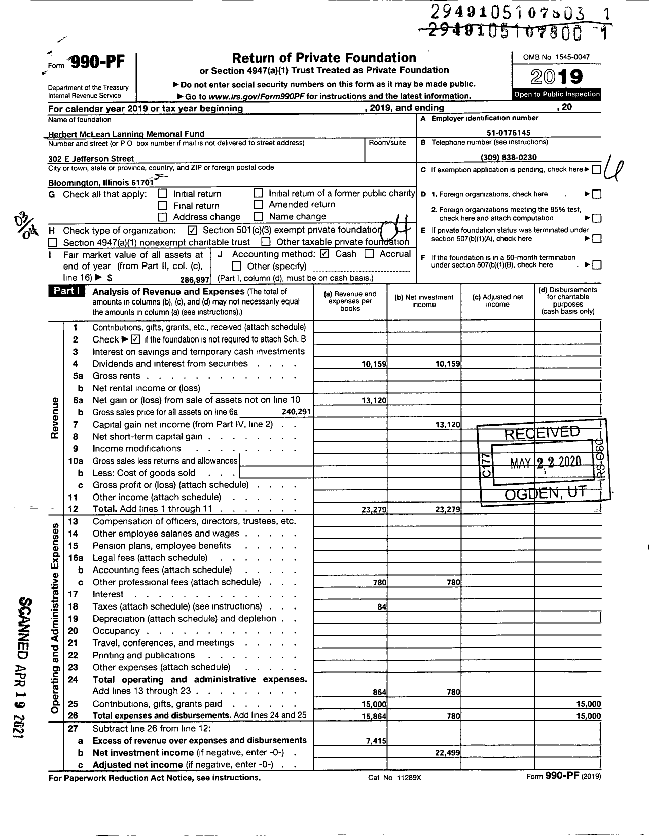 Image of first page of 2019 Form 990PF for Herbert T Mclean Memorial Created By Edyth Loomis Mclean Lanning