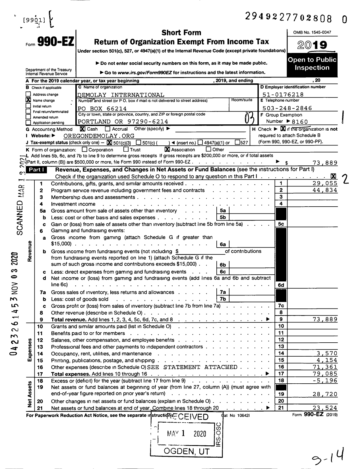 Image of first page of 2019 Form 990EZ for Demolay International - 38000 Oregon Council