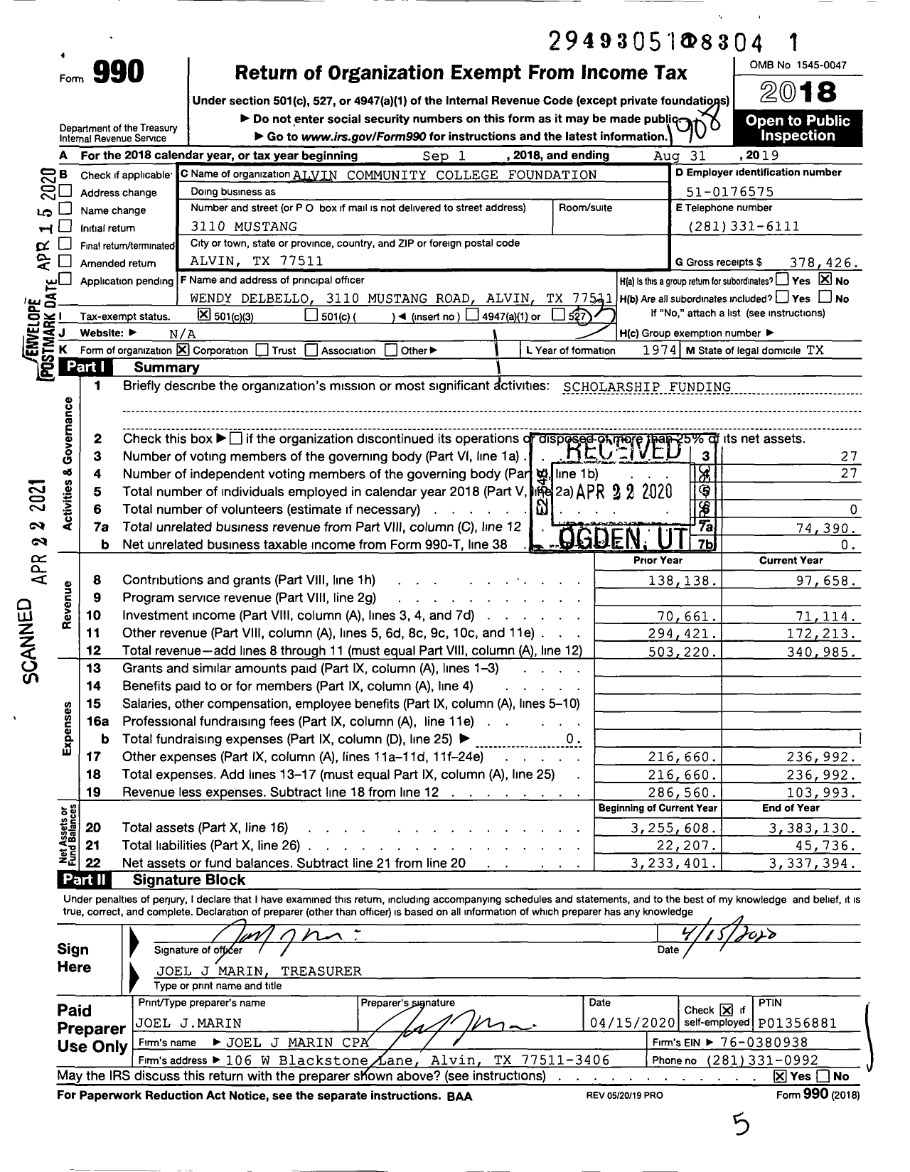 Image of first page of 2018 Form 990 for Alvin Community College Foundation