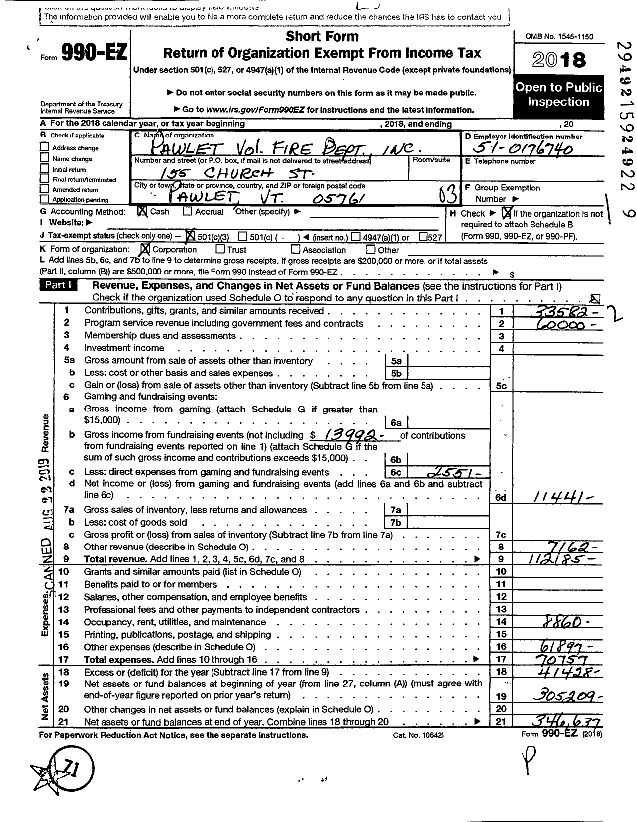 Image of first page of 2018 Form 990EZ for Pawlet Volunteer Fire Dept