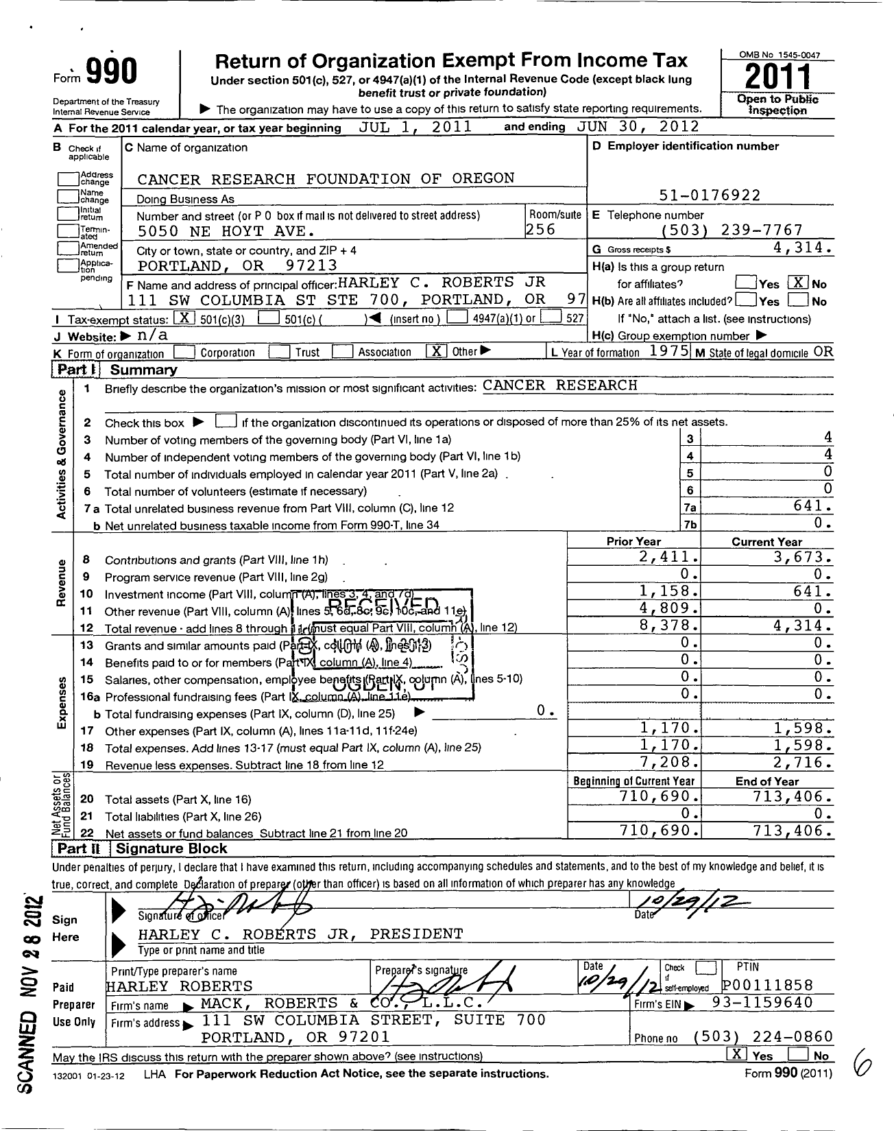 Image of first page of 2011 Form 990 for Cancer Research Foundation of Oregon