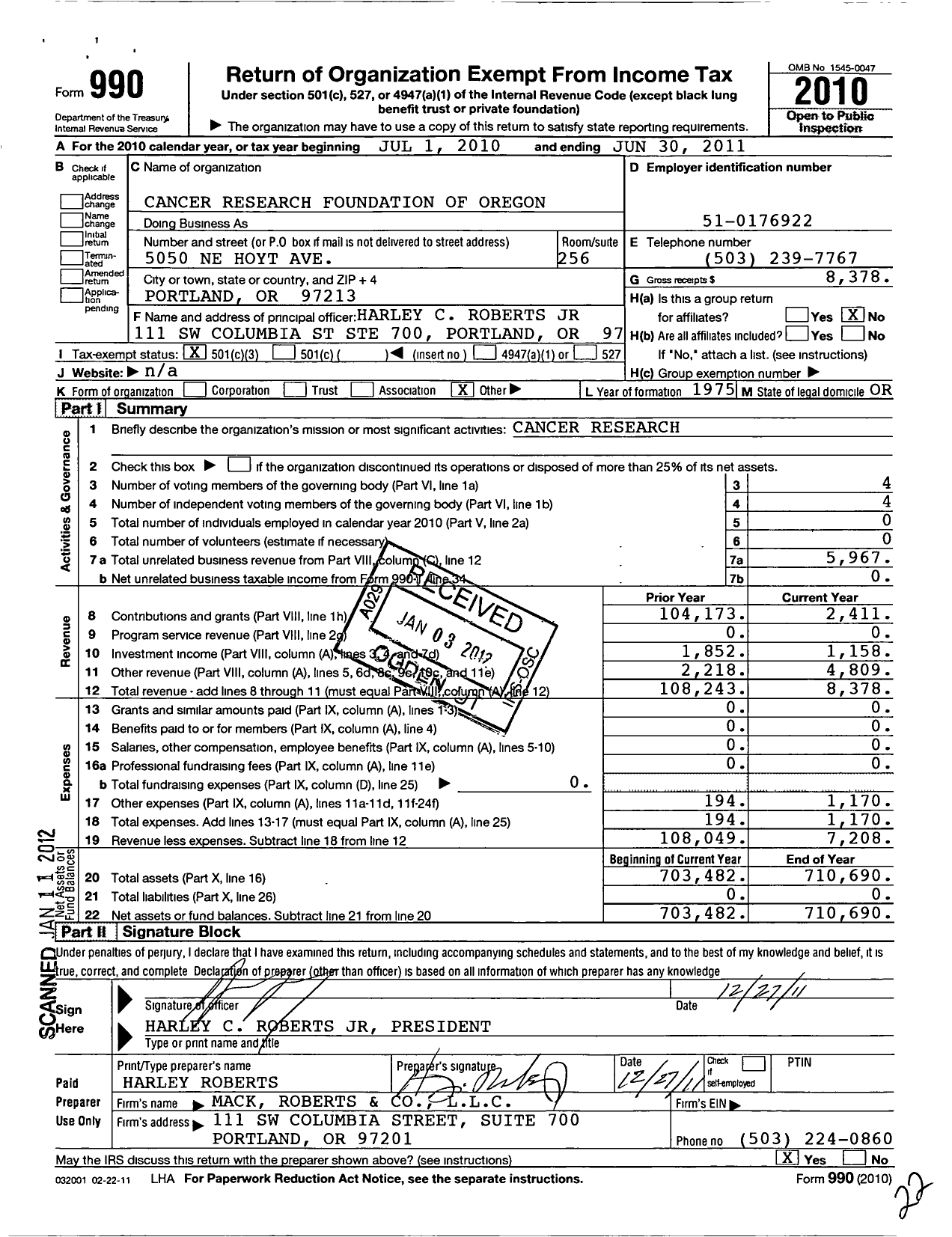 Image of first page of 2010 Form 990 for Cancer Research Foundation of Oregon