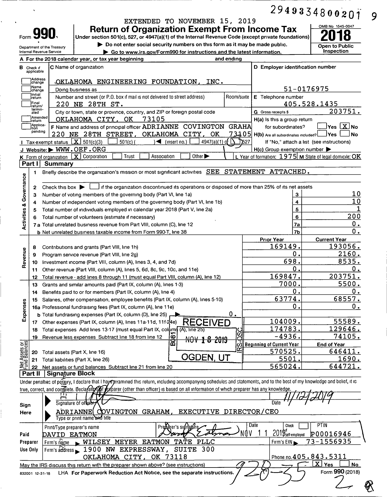 Image of first page of 2018 Form 990 for Oklahoma Engineering Foundation