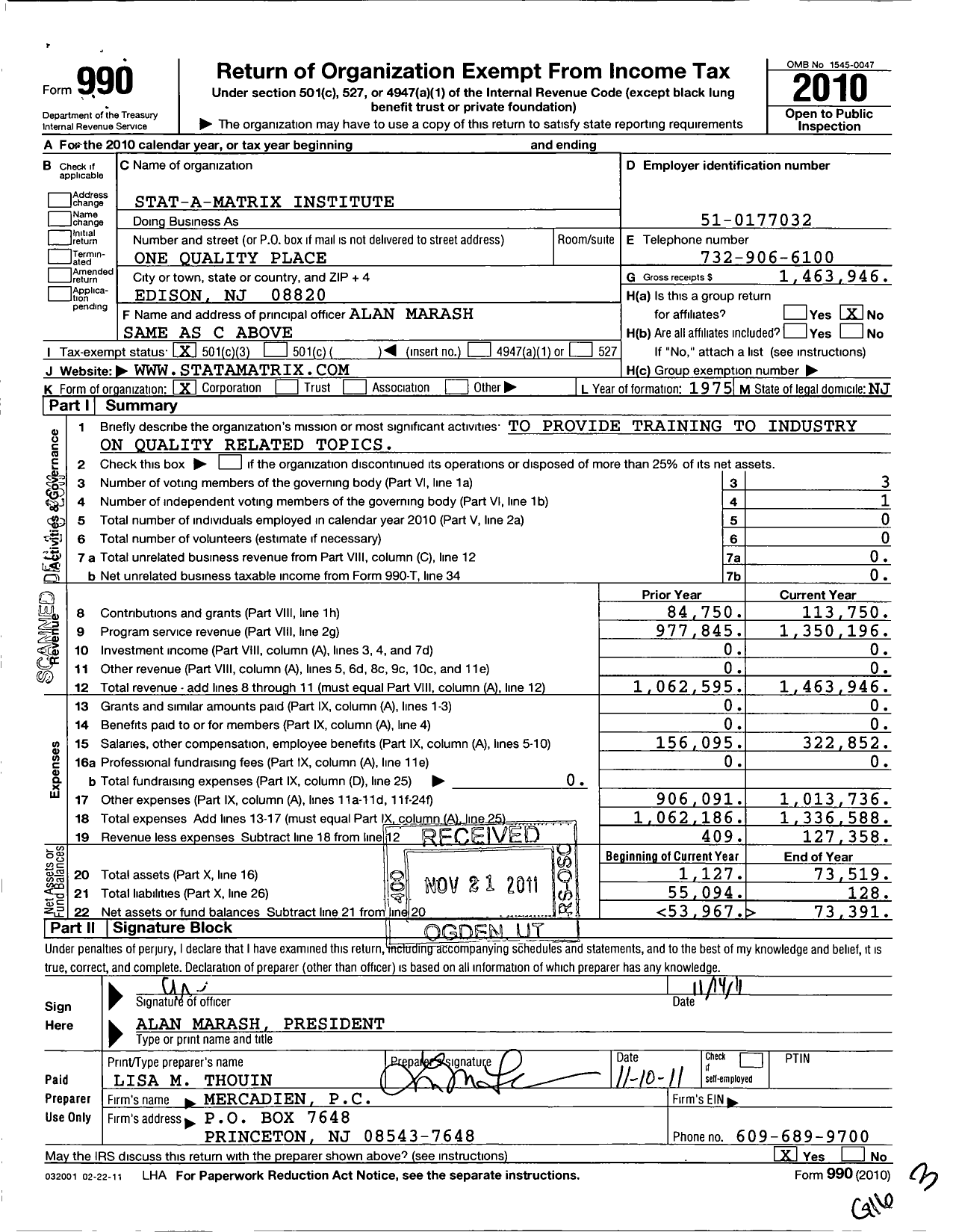 Image of first page of 2010 Form 990 for Stat-A-Matrix Institute