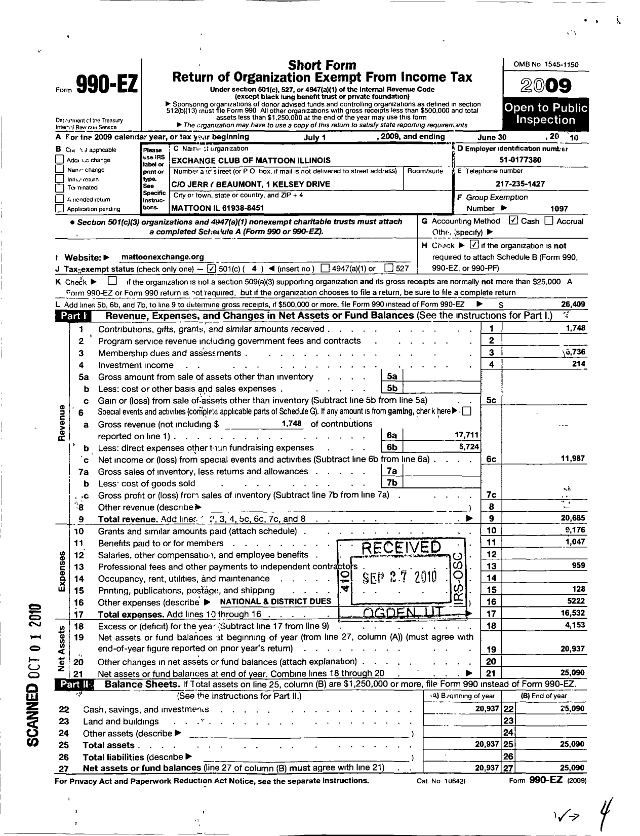 Image of first page of 2009 Form 990EO for National Exchange Club - 1441 Mattoon Il