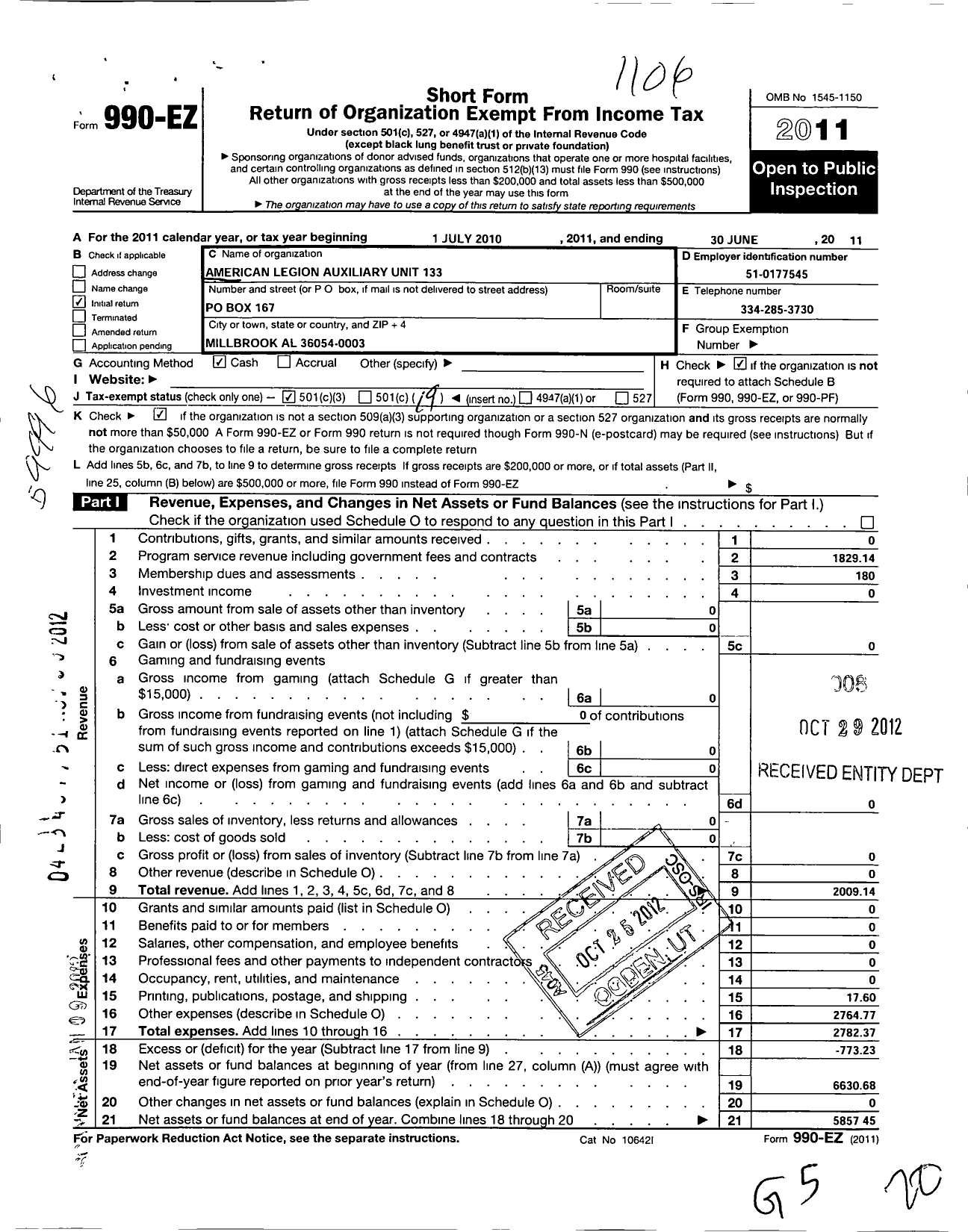Image of first page of 2010 Form 990EO for American Legion Auxiliary - 133 Millbrook