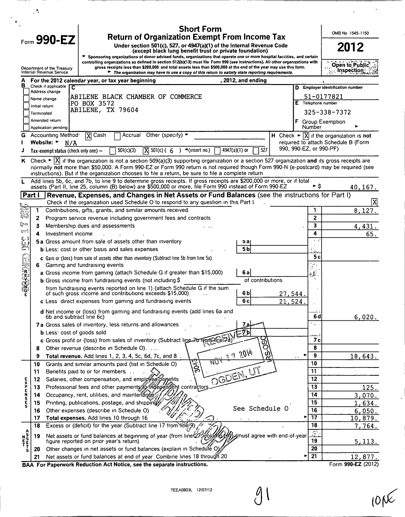 Image of first page of 2012 Form 990EO for Abilene Black Chamber of Commerce