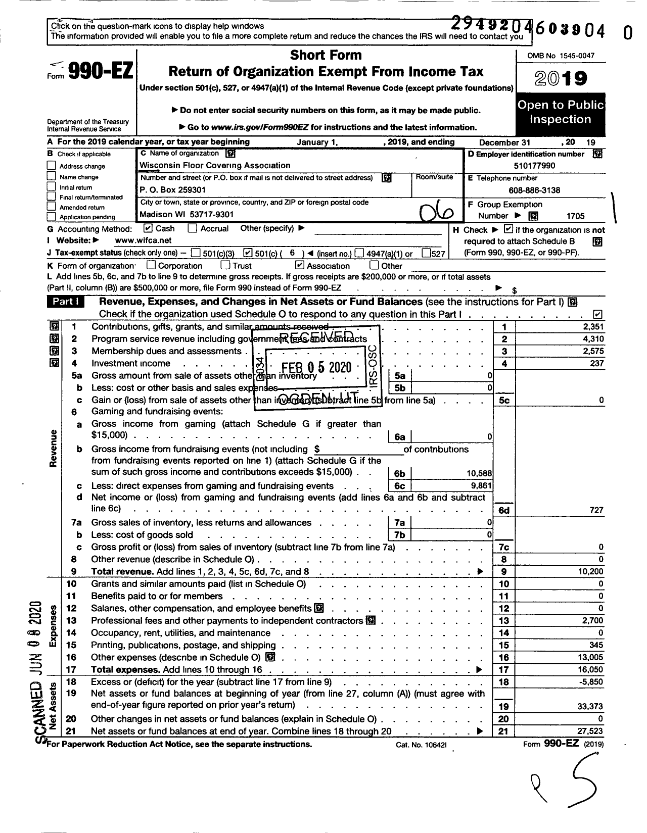 Image of first page of 2019 Form 990EO for Wisconsin Floorcovering Association