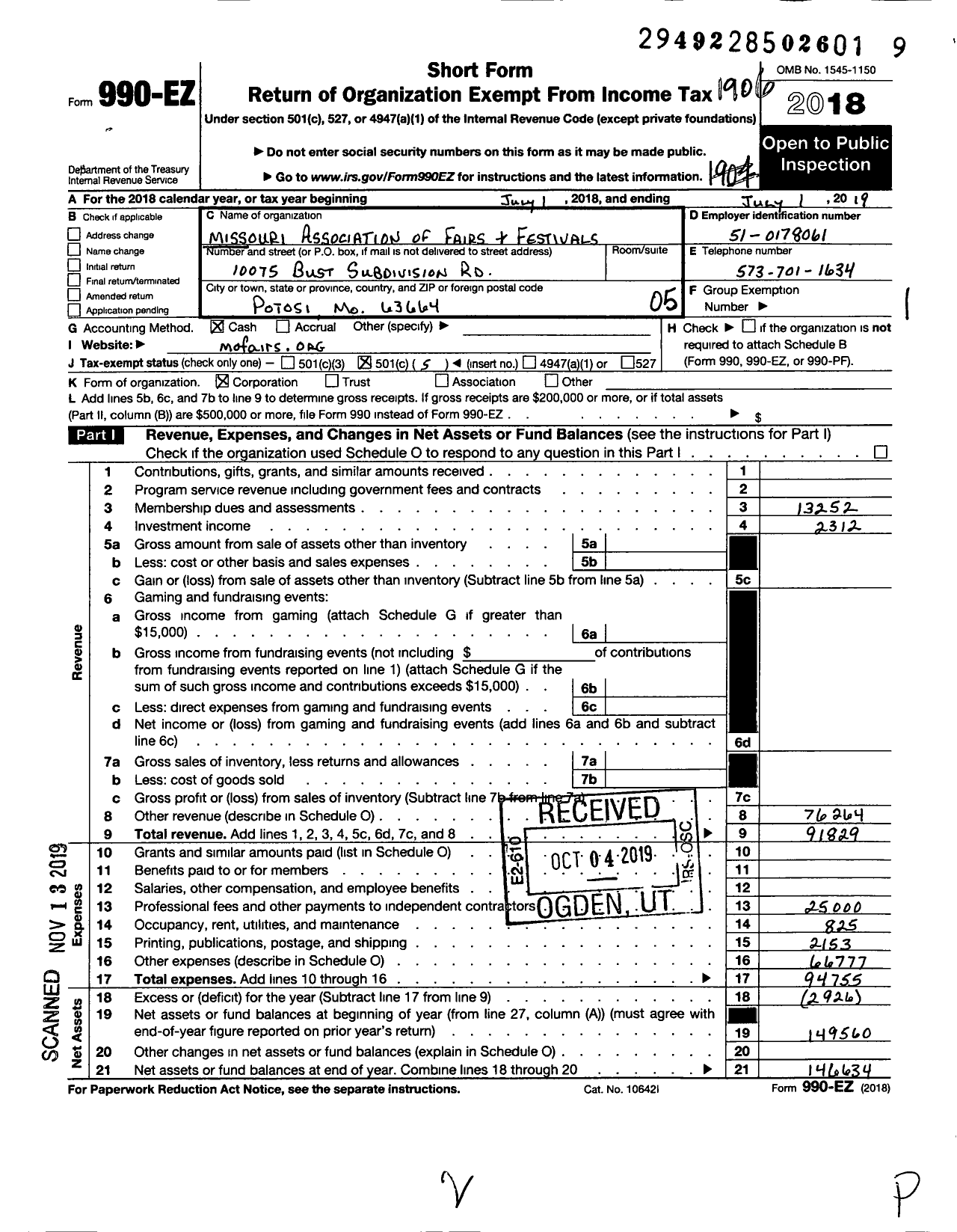 Image of first page of 2018 Form 990EO for Missouri Association of Fairs