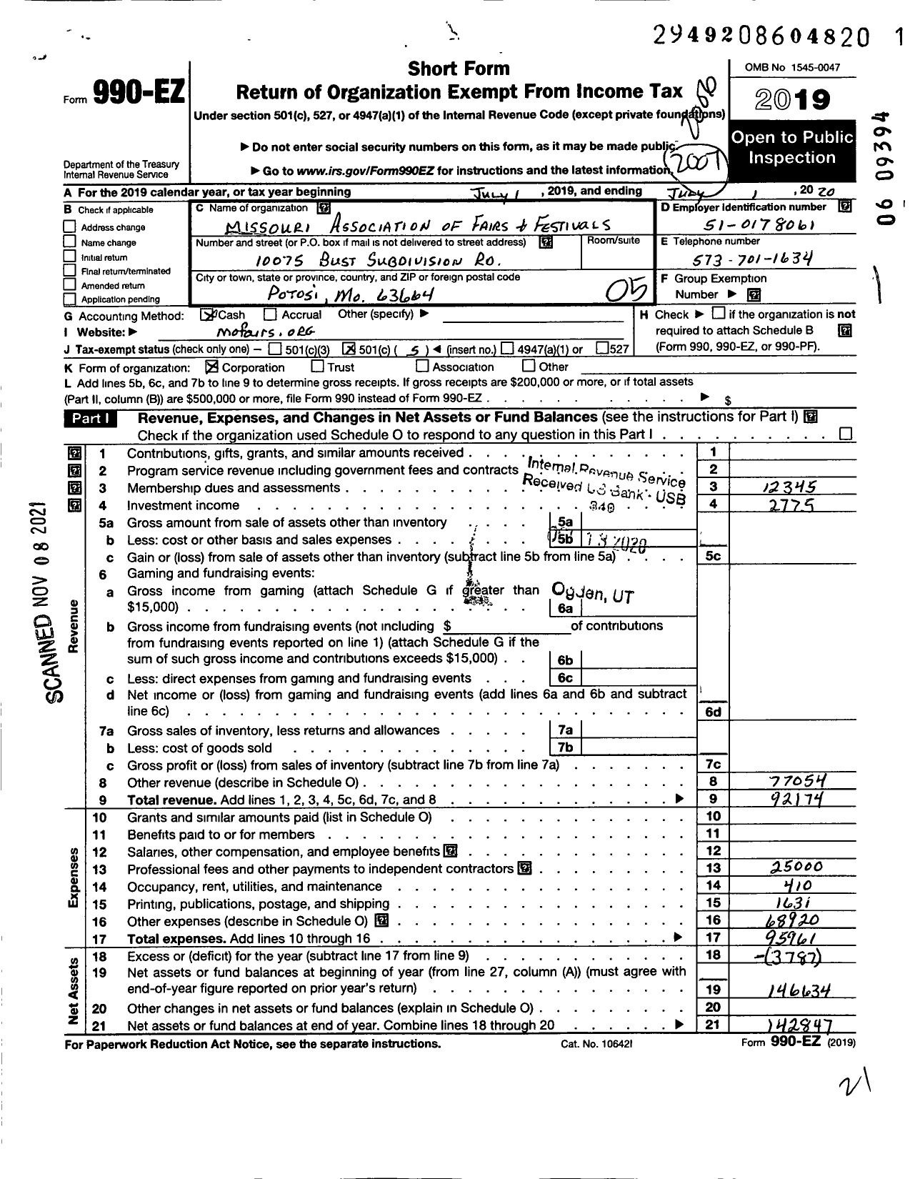 Image of first page of 2019 Form 990EO for Missouri Association of Fairs