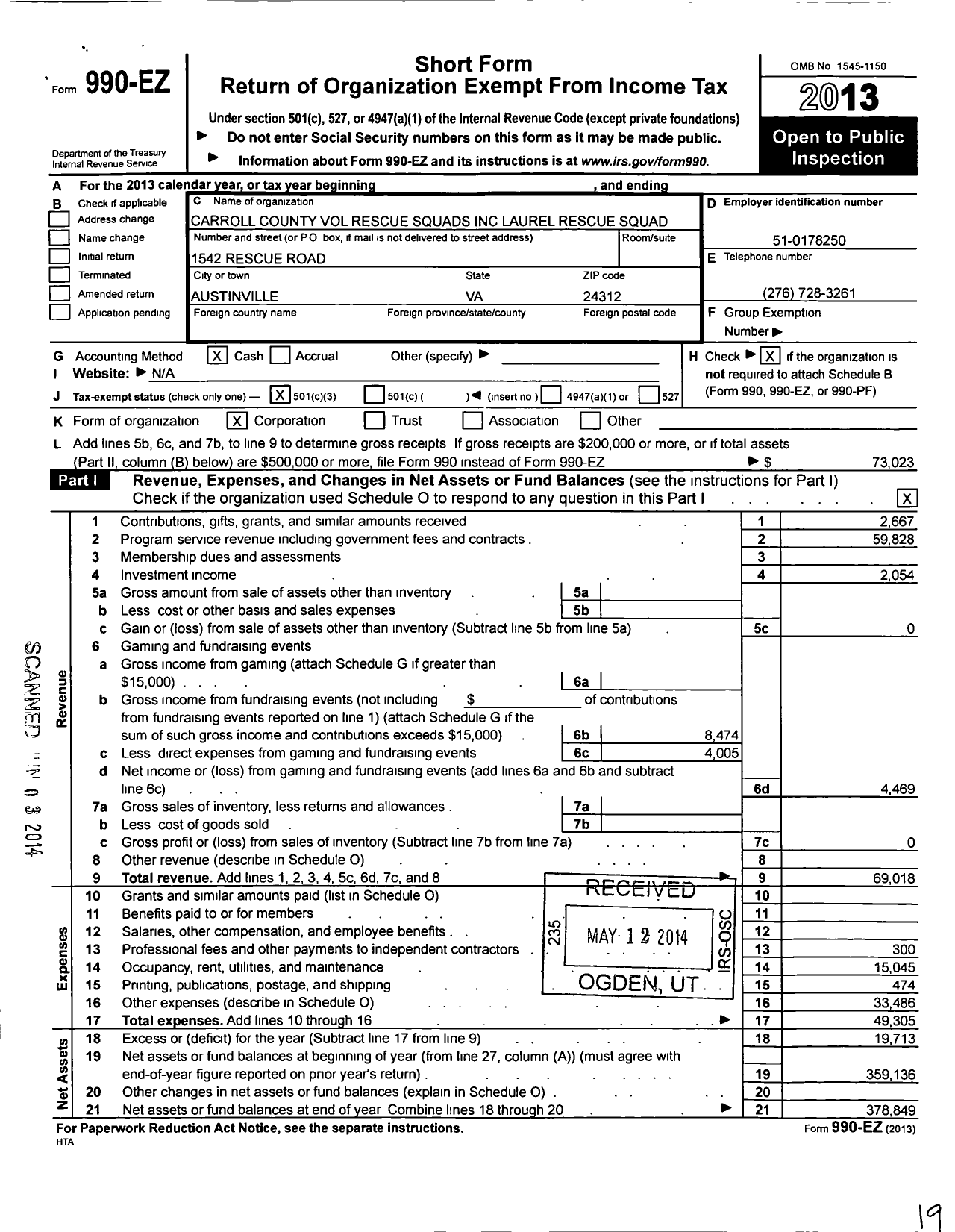 Image of first page of 2013 Form 990EZ for Laurel Volunteer Rescue Squad / Laurel Rescue Squad