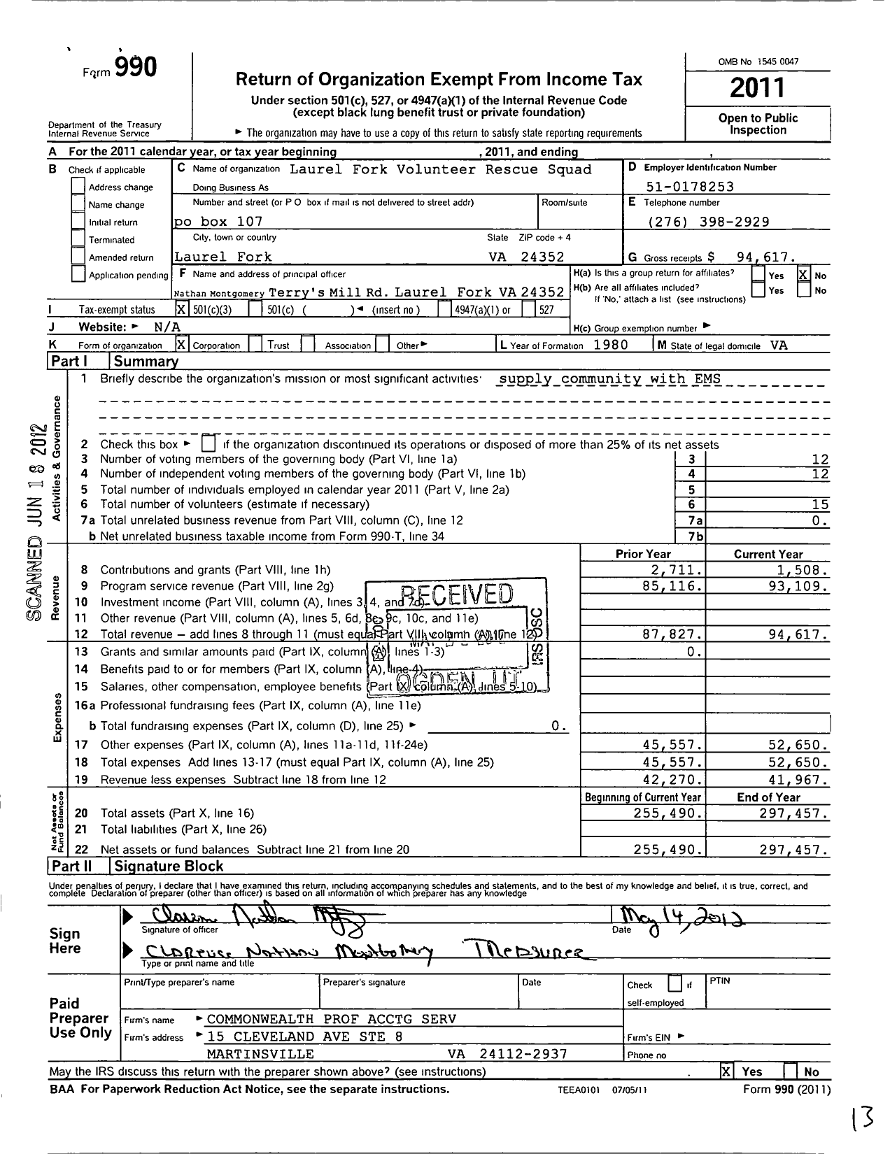 Image of first page of 2011 Form 990 for Laurel Fork Volunteer Rescue Squad