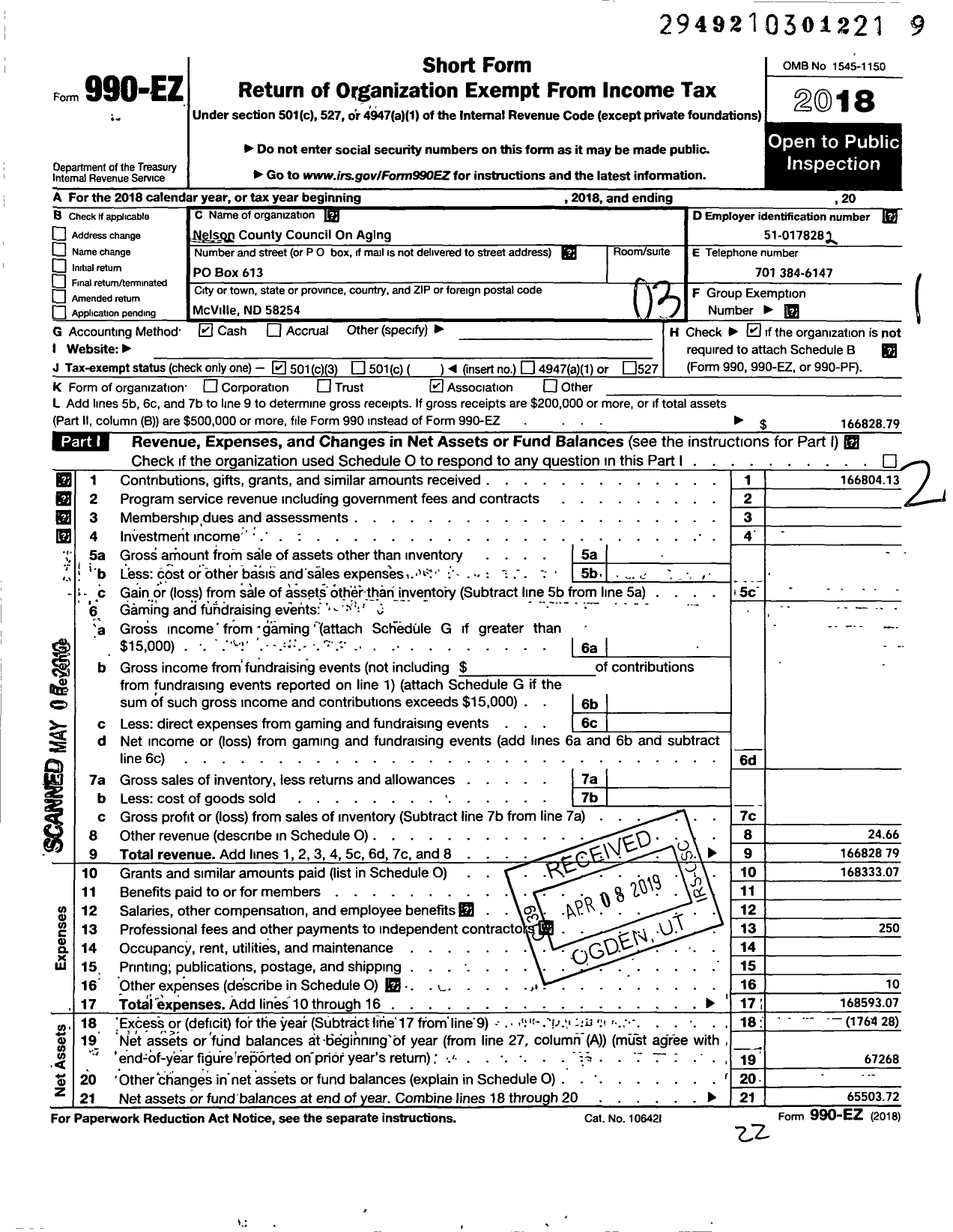 Image of first page of 2018 Form 990EZ for Nelson County Council on Aging