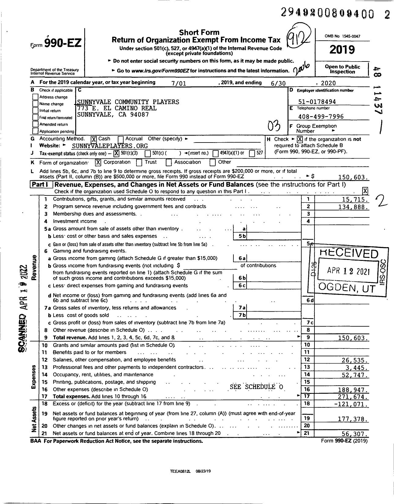 Image of first page of 2019 Form 990EZ for Sunnyvale Community Players