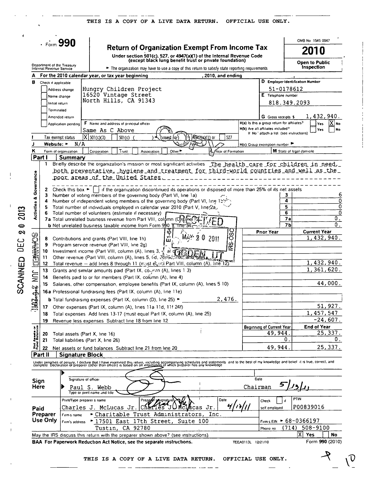 Image of first page of 2010 Form 990 for Hungry Children Project