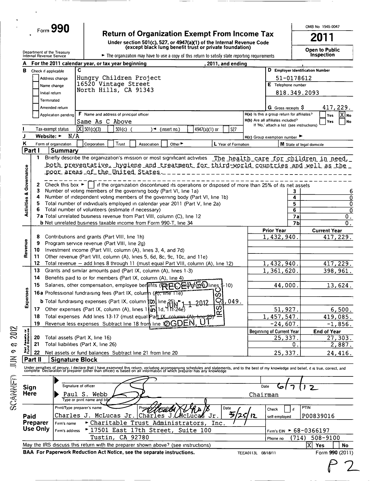 Image of first page of 2011 Form 990 for Hungry Children Project