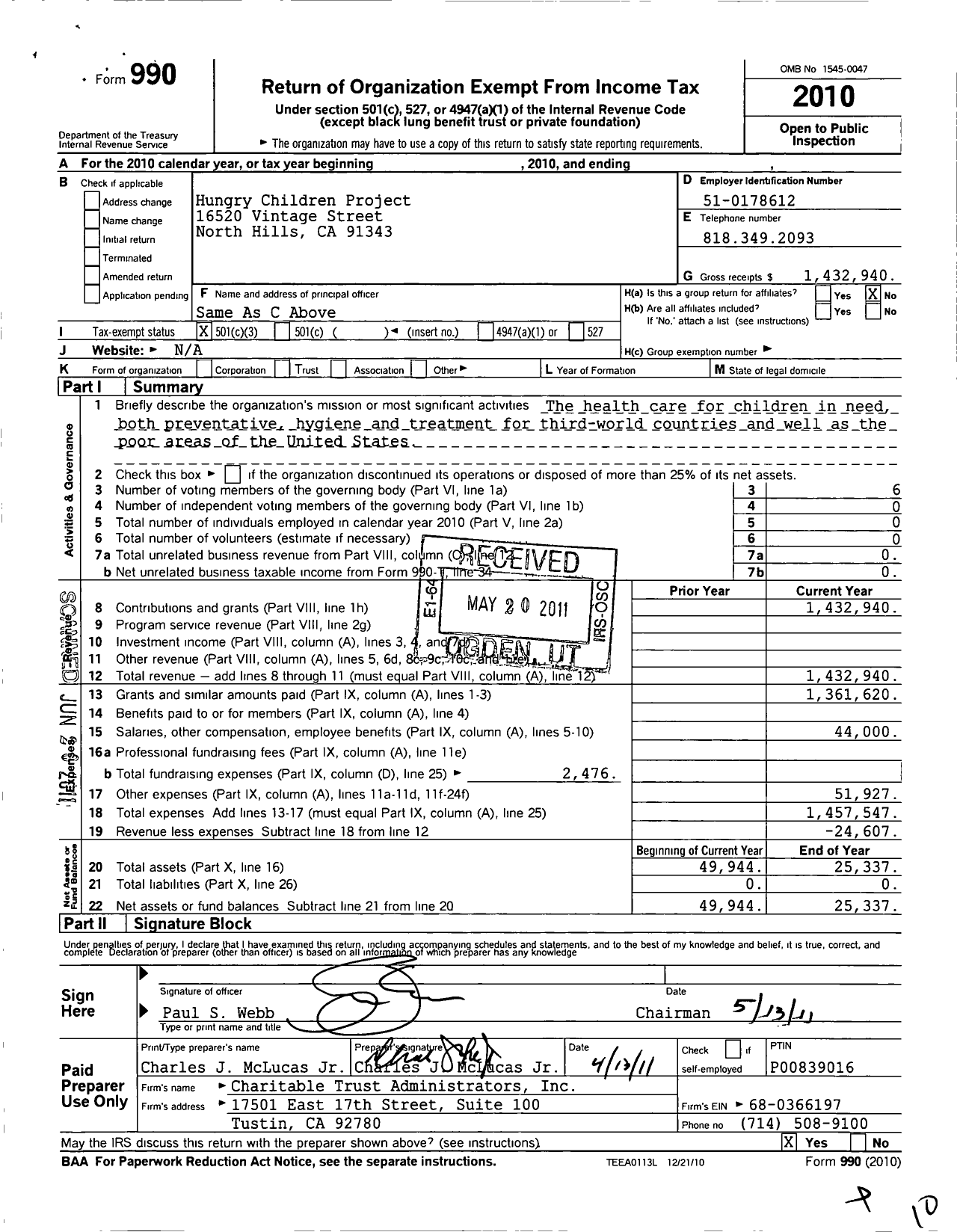 Image of first page of 2010 Form 990 for Hungry Children Project