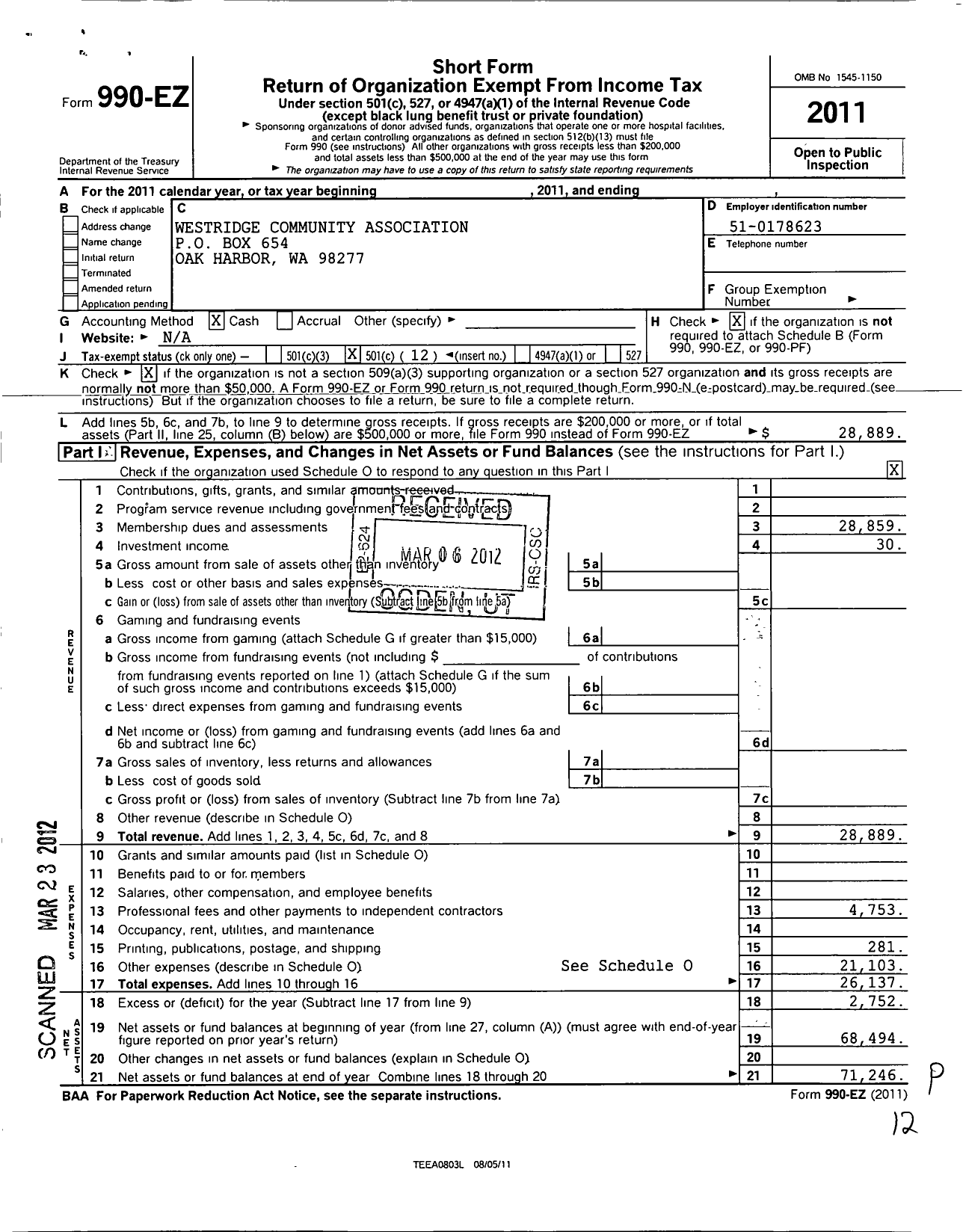 Image of first page of 2011 Form 990EO for Westridge Ridge Community Association