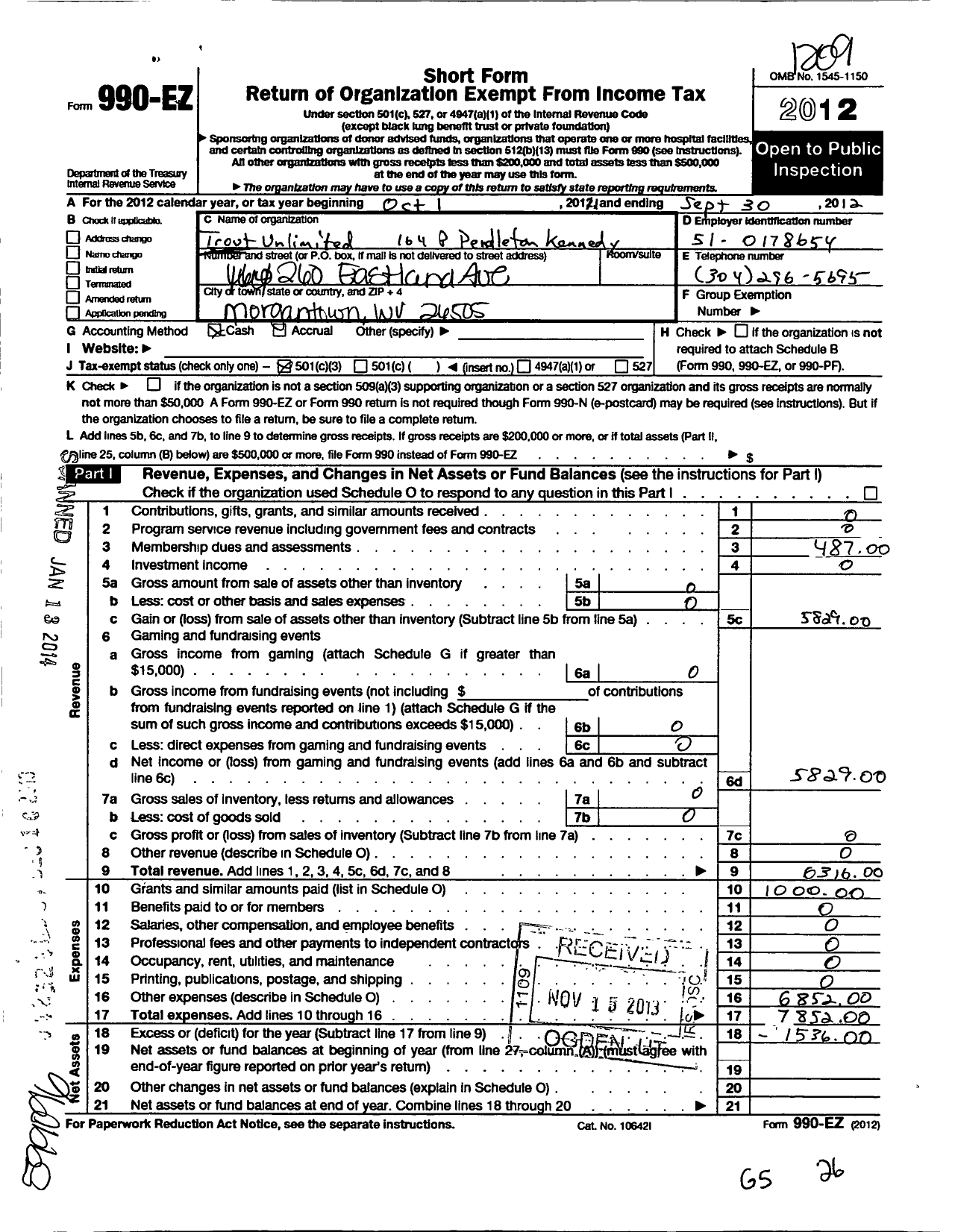 Image of first page of 2011 Form 990EZ for Trout Unlimited - 164 P Pendleton Kennedy