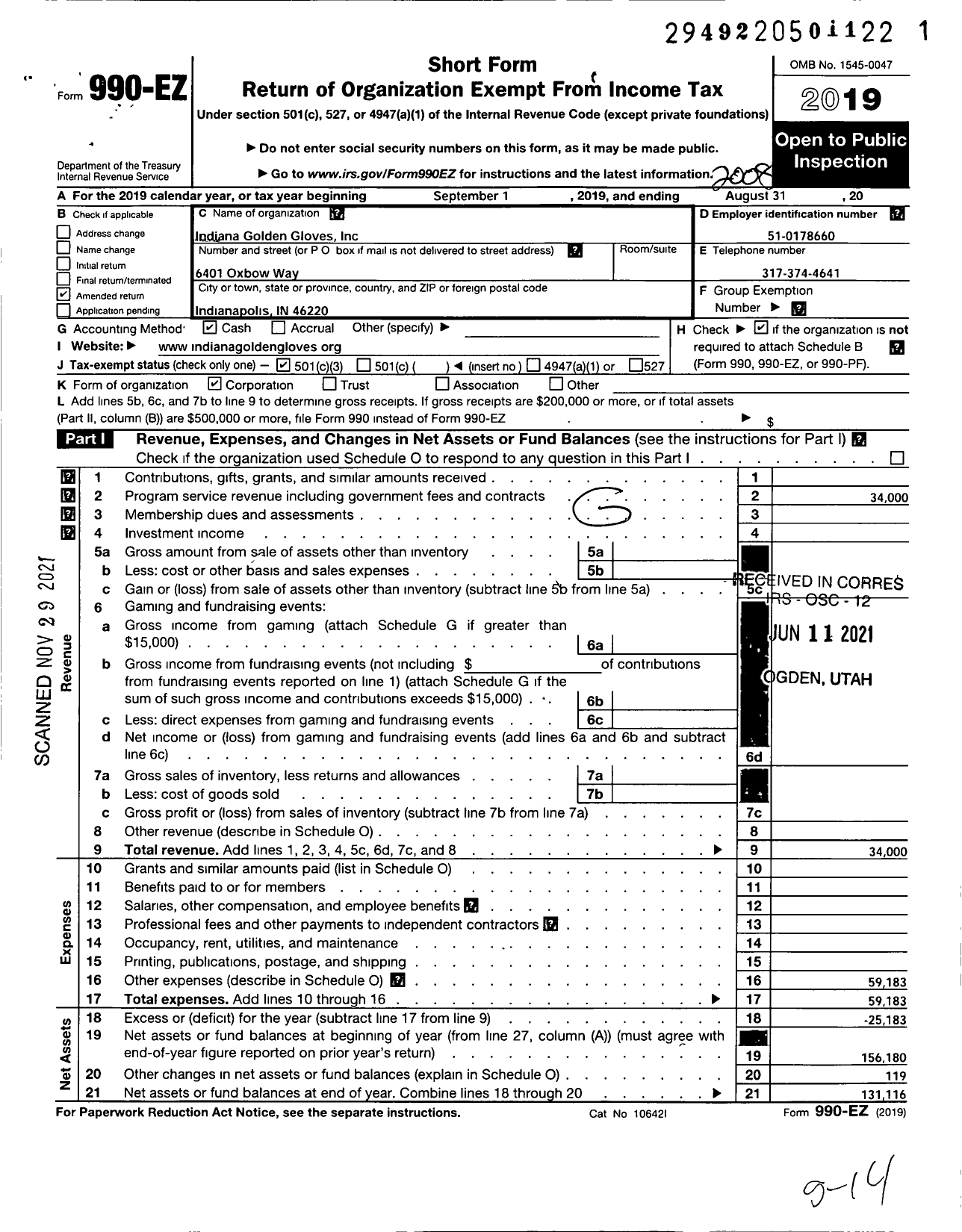 Image of first page of 2019 Form 990EZ for Indiana Golden Gloves