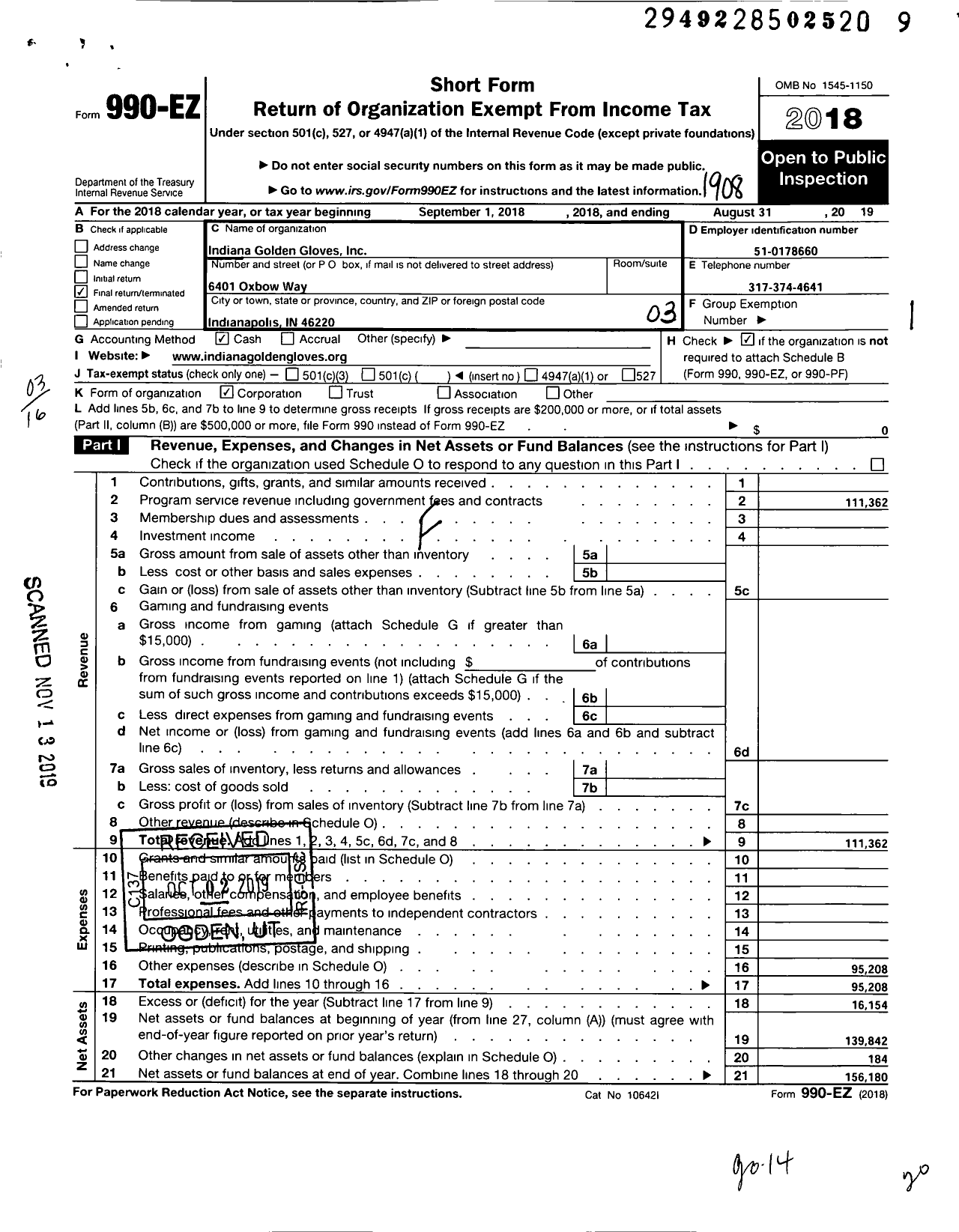 Image of first page of 2018 Form 990EZ for Indiana Golden Gloves