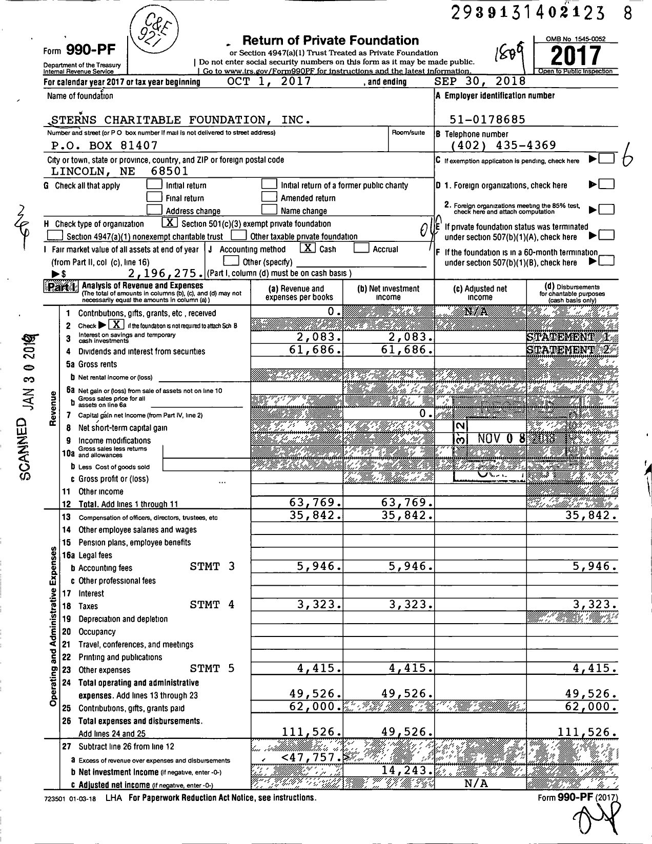 Image of first page of 2017 Form 990PF for Sterns Charitable Foundation