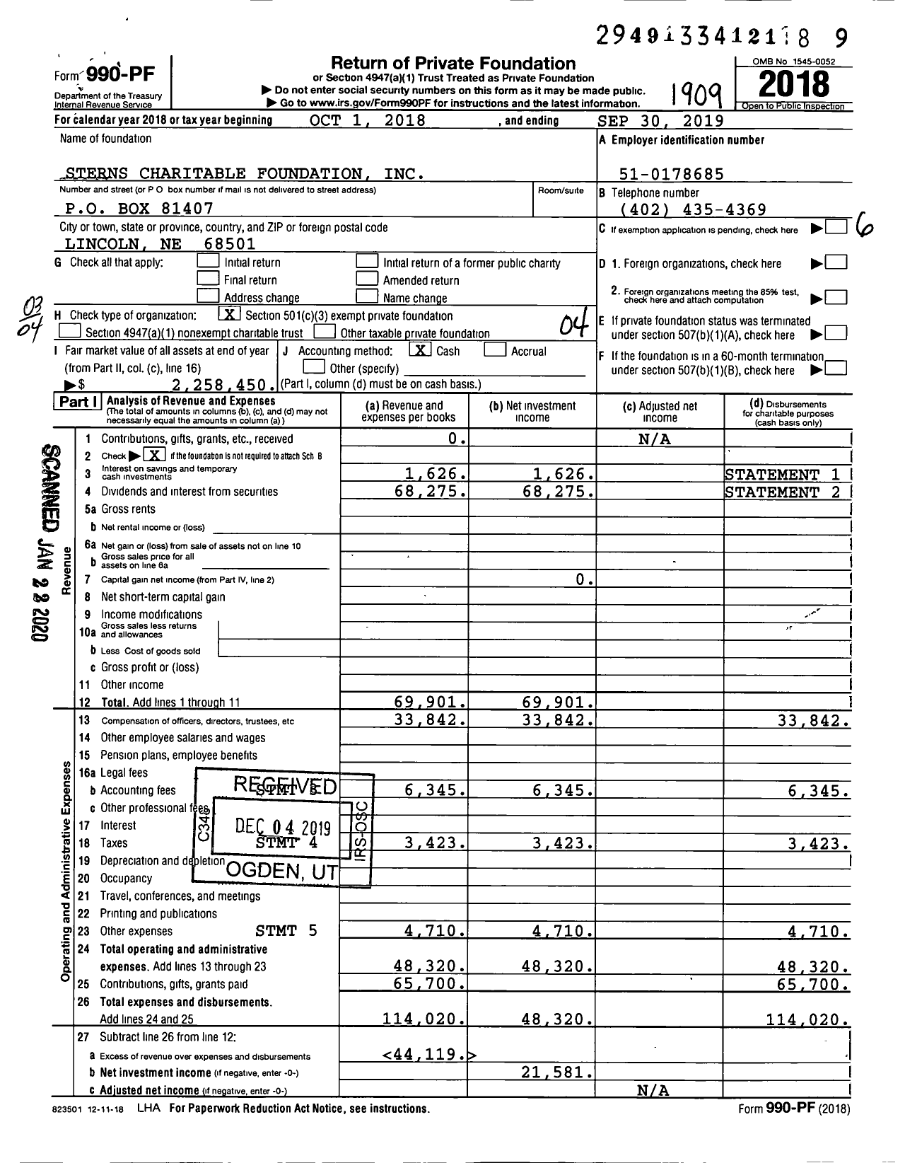 Image of first page of 2018 Form 990PF for Sterns Charitable Foundation