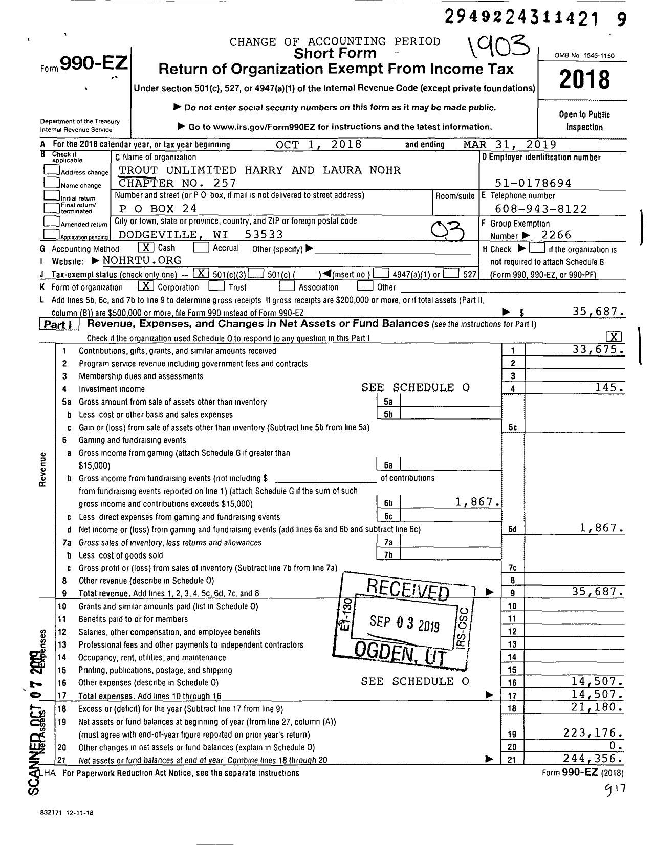 Image of first page of 2018 Form 990EZ for Trout Unlimited - 257 Harry & Laura Nohr