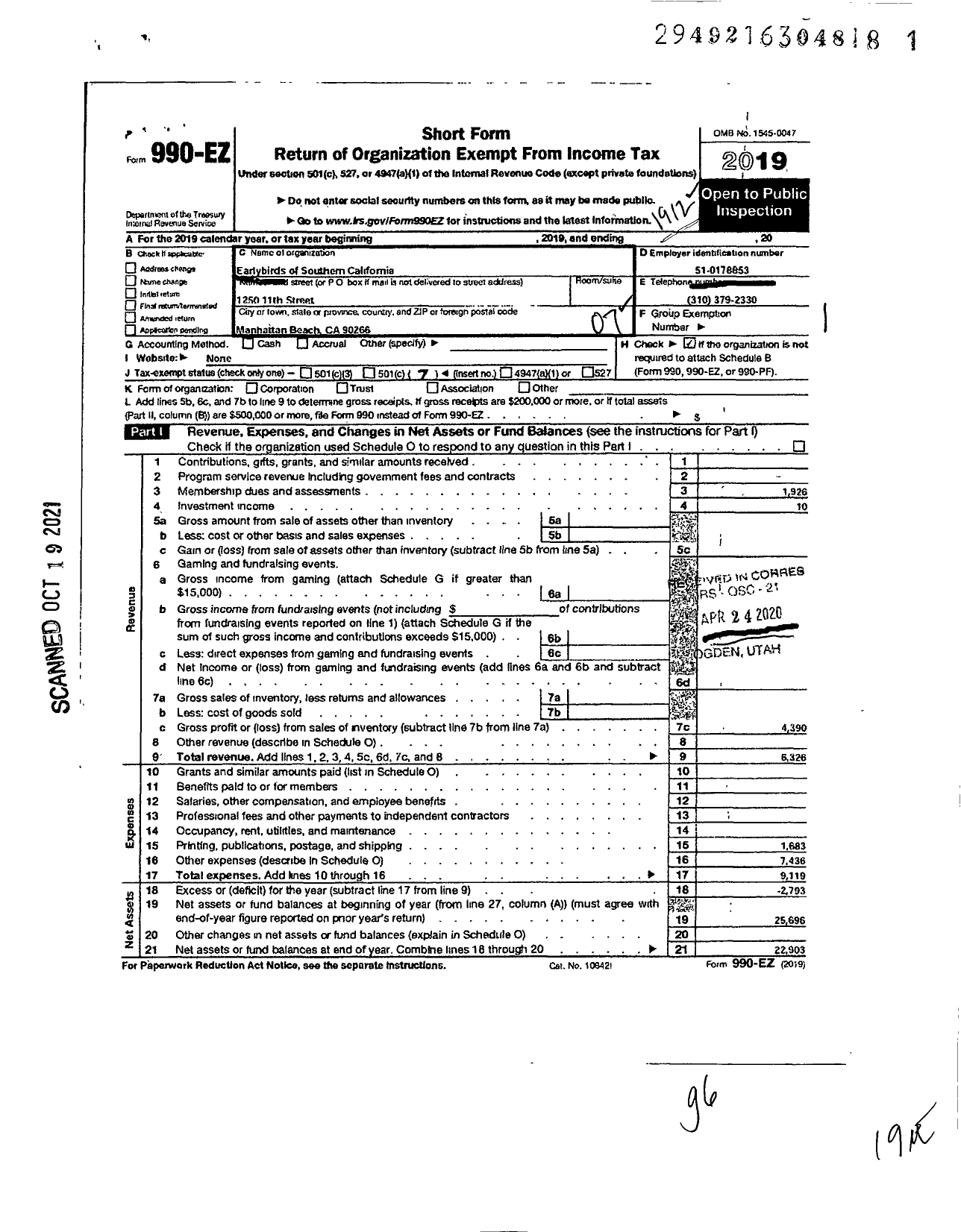 Image of first page of 2019 Form 990EO for Earlybirds of Southern California