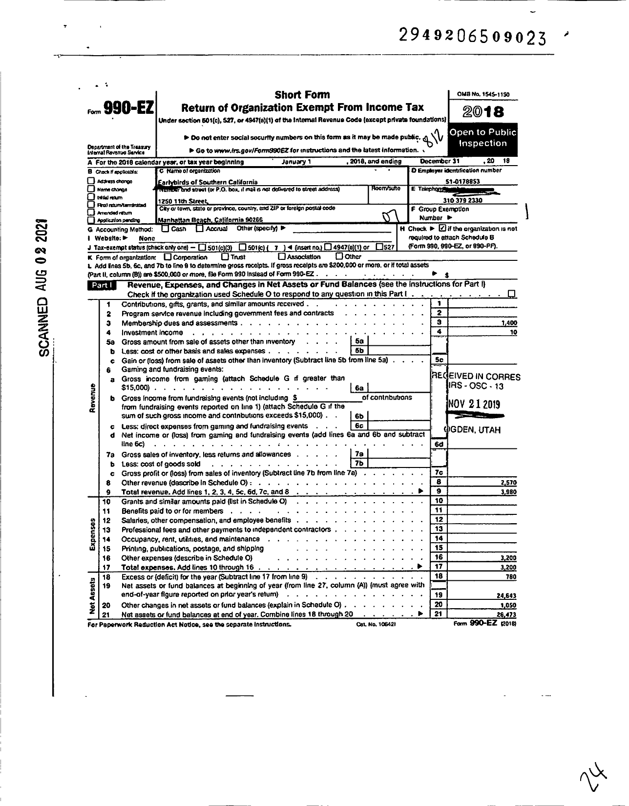 Image of first page of 2018 Form 990EO for Earlybirds of Southern California