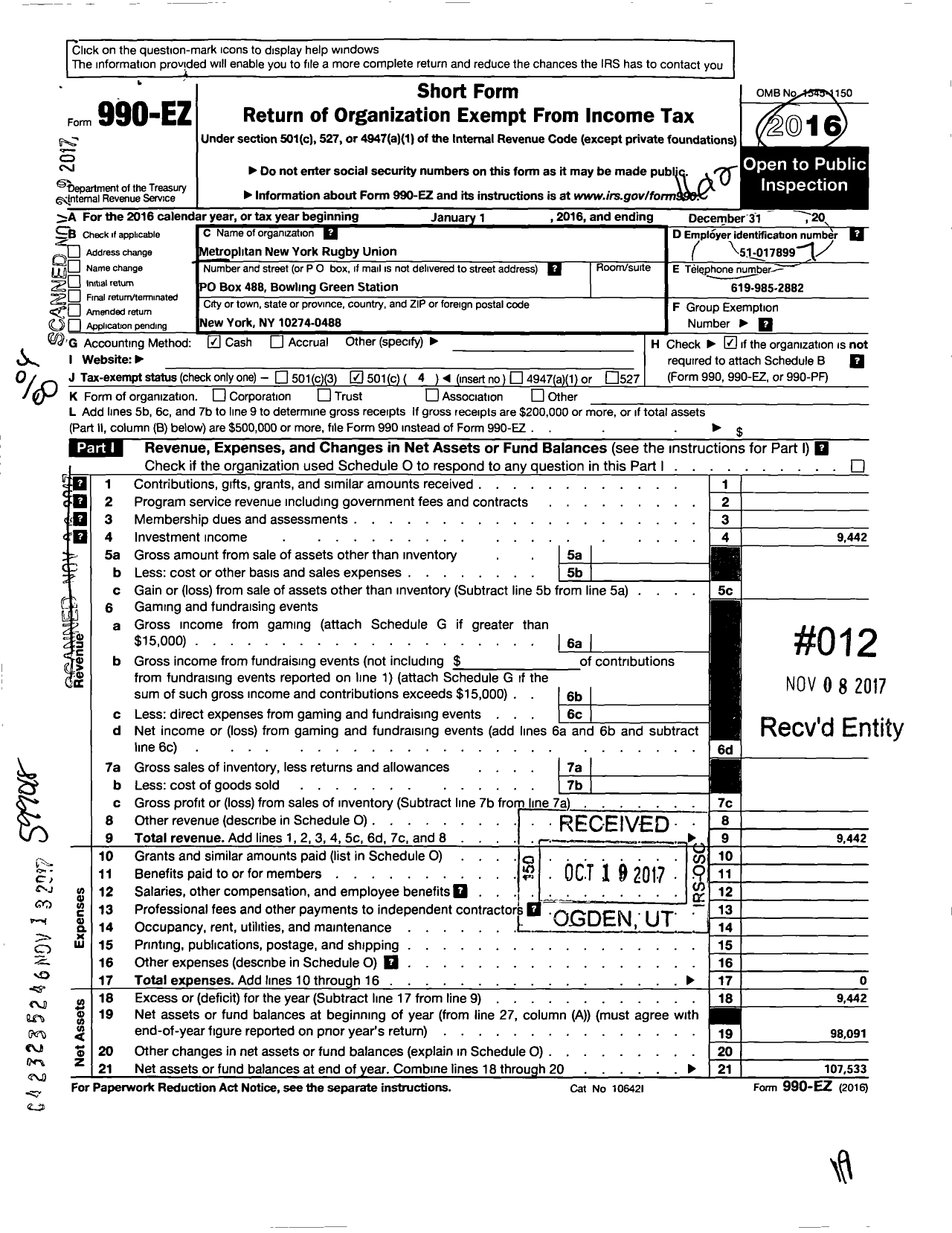 Image of first page of 2016 Form 990EO for Metropolitan New York Rugby Union