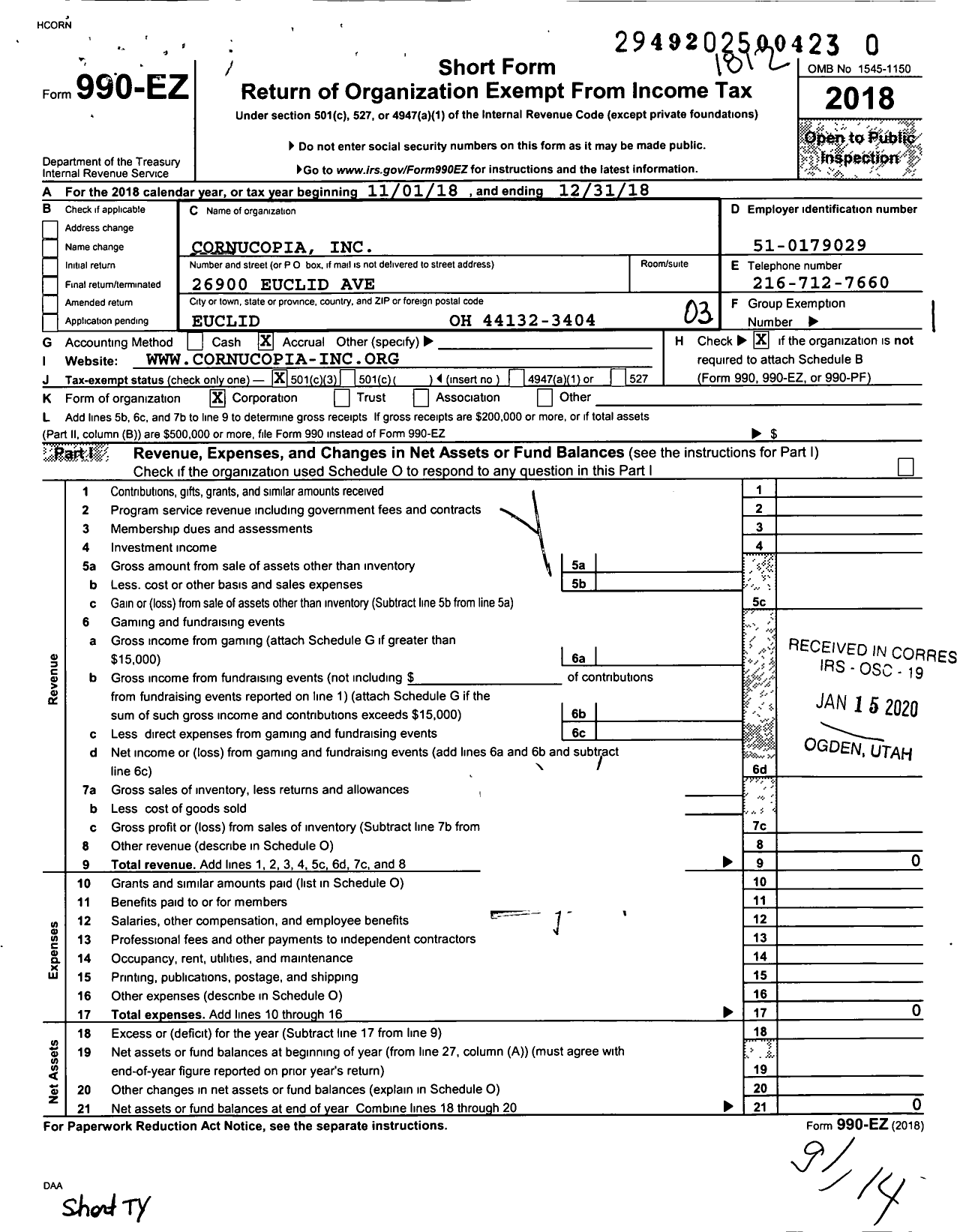 Image of first page of 2018 Form 990EZ for Cornucopia