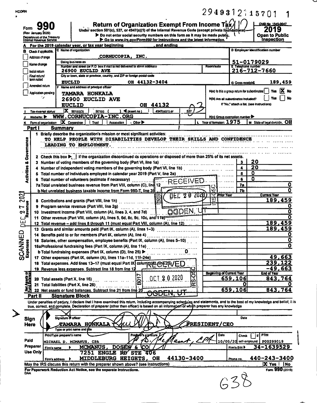 Image of first page of 2019 Form 990 for Cornucopia