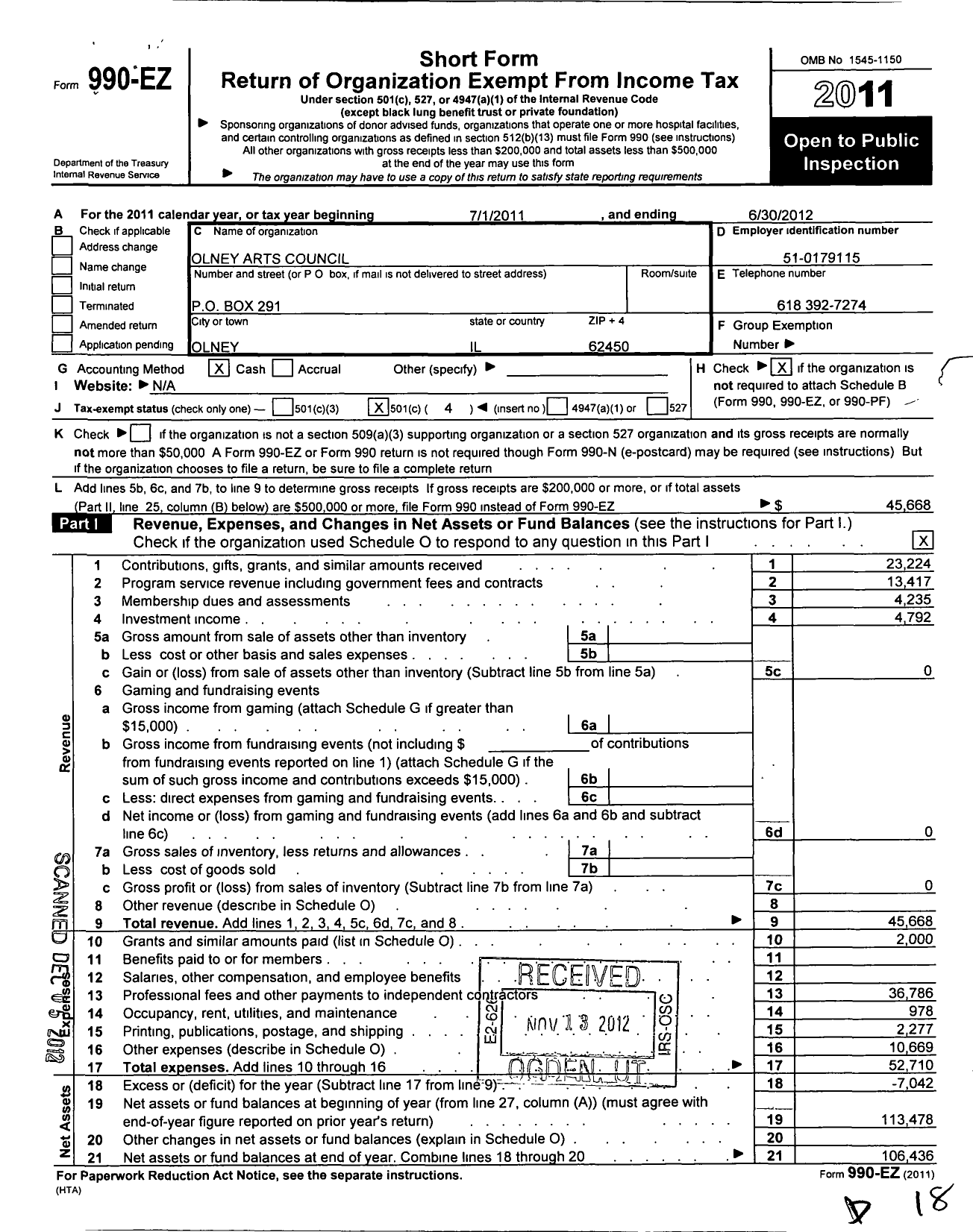 Image of first page of 2011 Form 990EO for Olney Arts Council