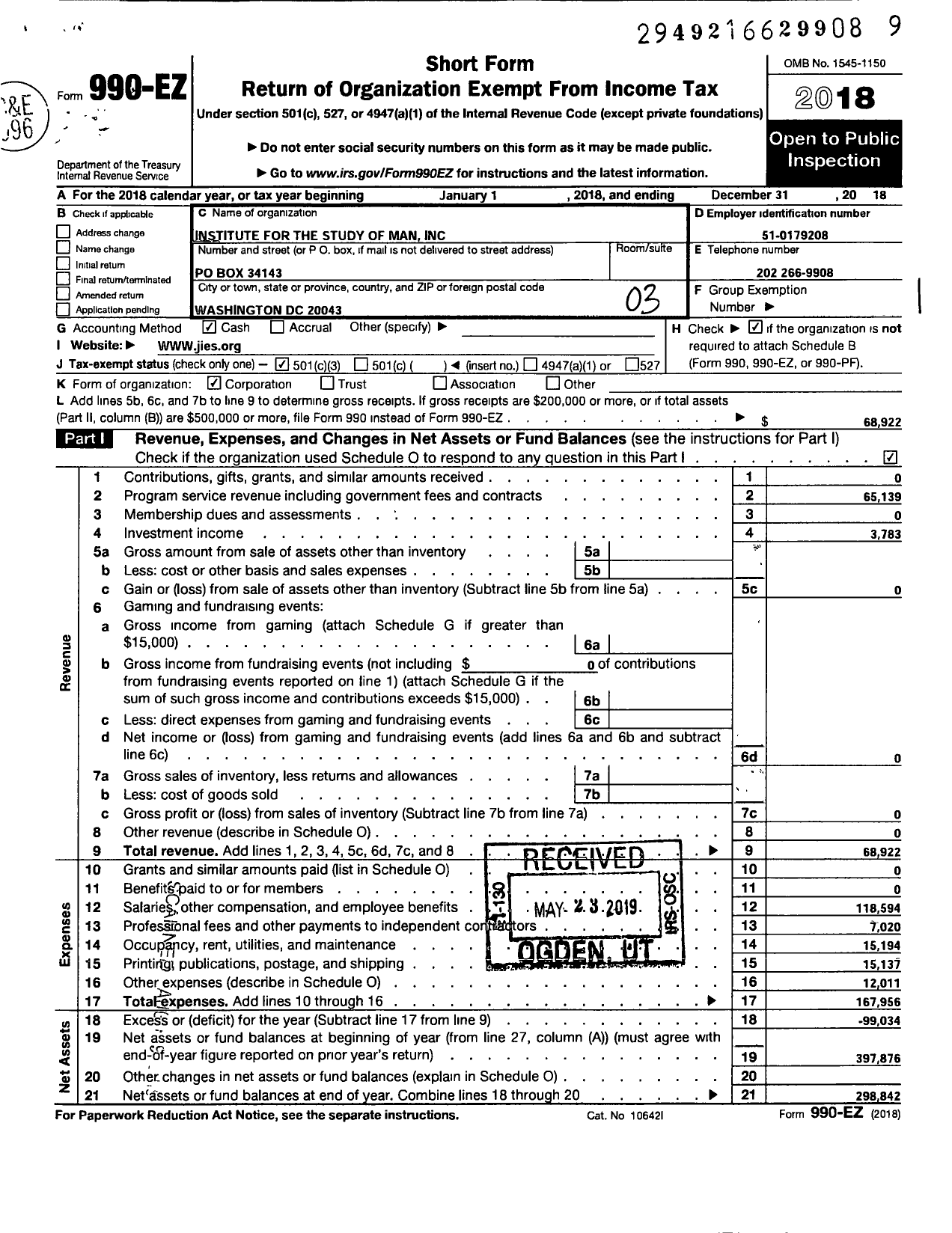 Image of first page of 2018 Form 990EZ for Institute for the Study of Man