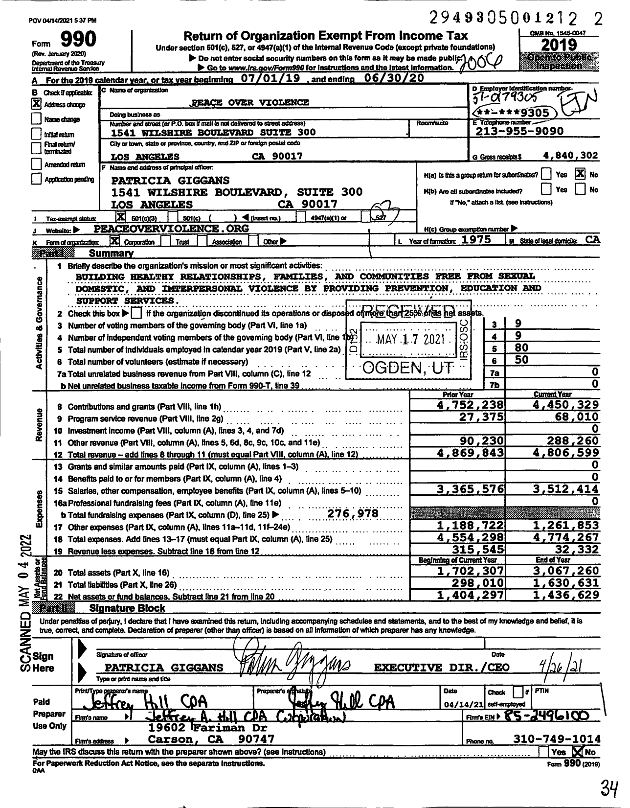 Image of first page of 2019 Form 990 for Peace Over Violence