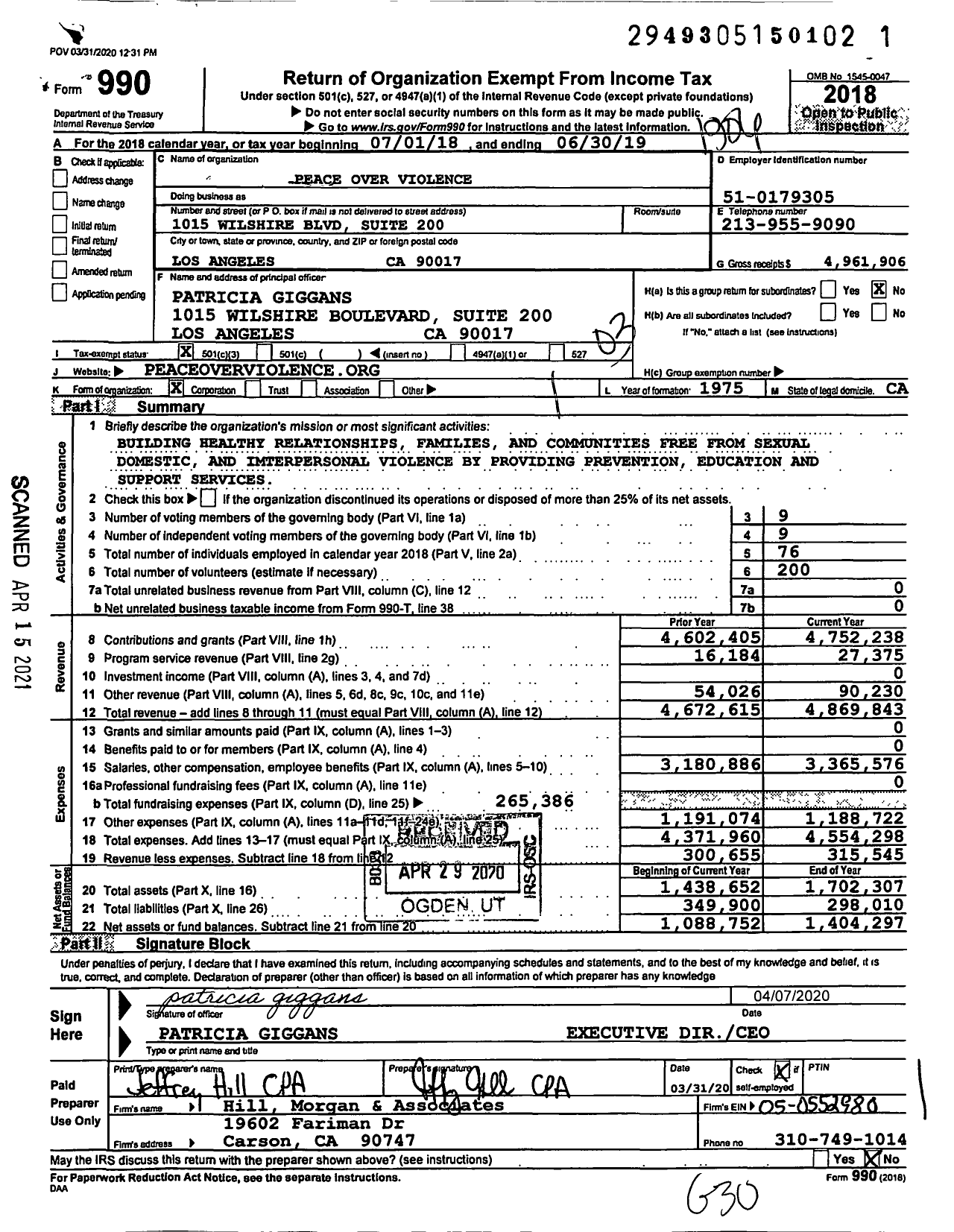 Image of first page of 2018 Form 990 for Peace Over Violence