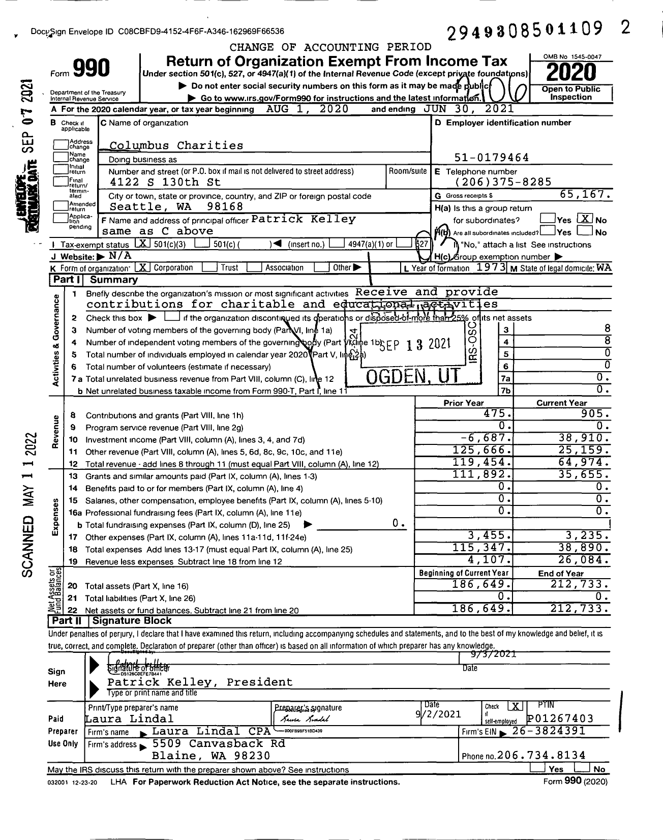 Image of first page of 2020 Form 990 for Columbus Charities