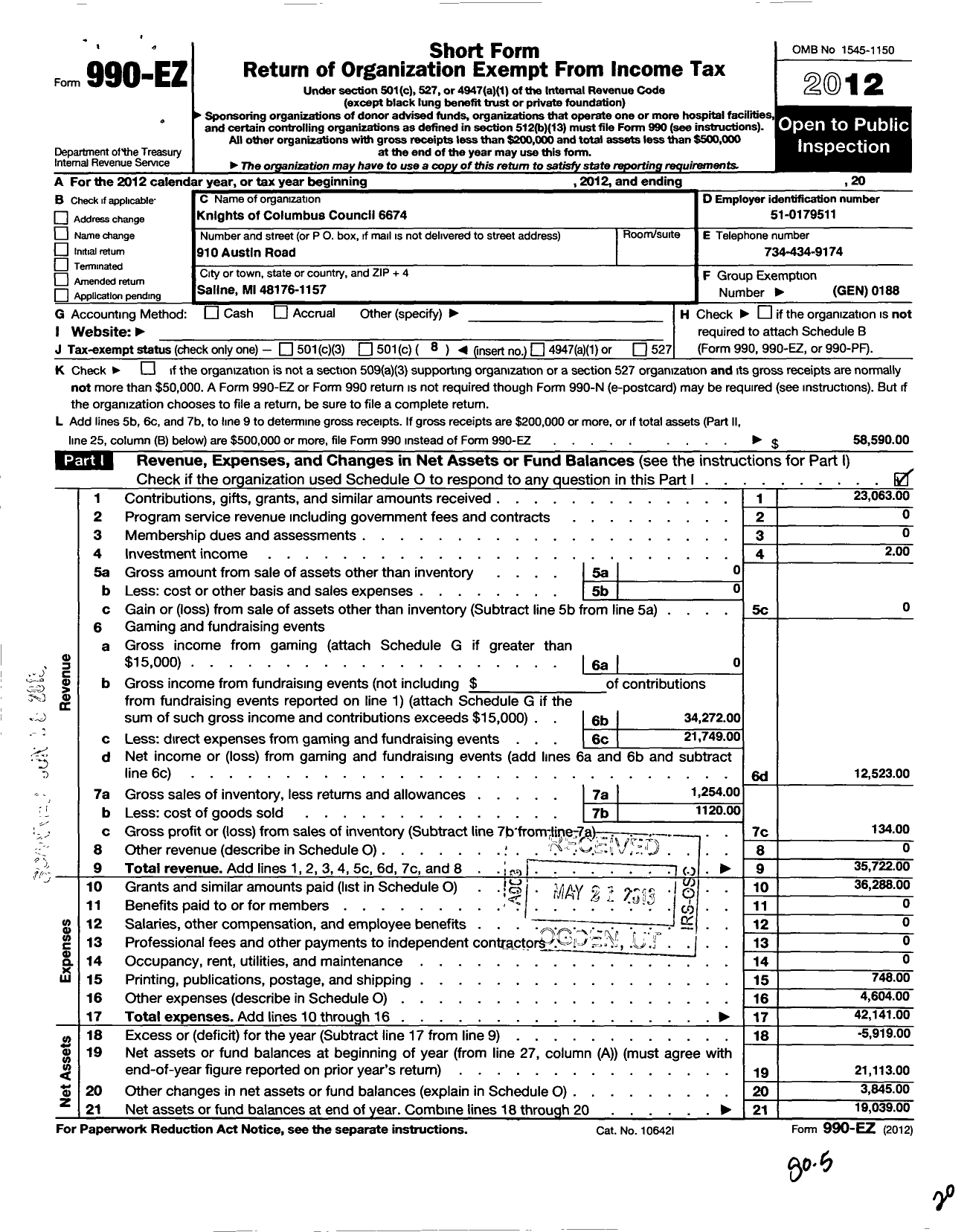 Image of first page of 2012 Form 990EO for Knights of Columbus - 6674 Saline Council