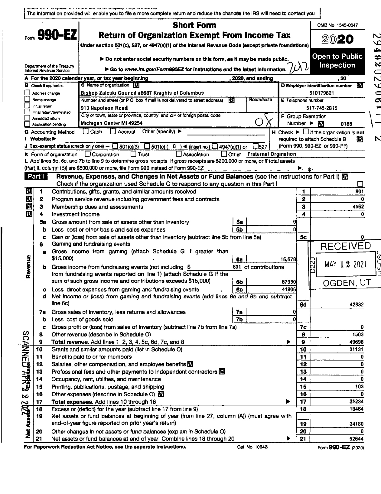 Image of first page of 2020 Form 990EO for Knights of Columbus - 6687 Zaleski Council