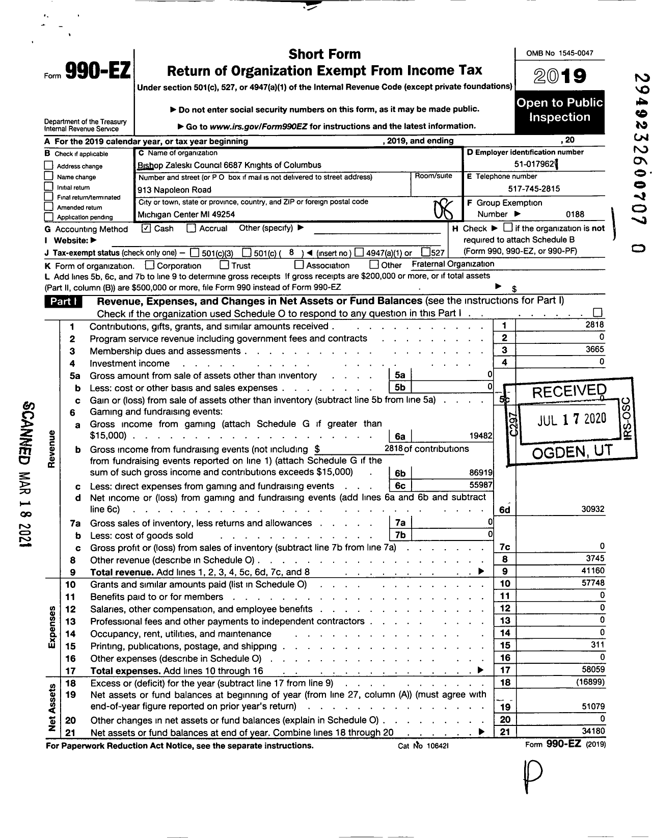 Image of first page of 2019 Form 990EO for Knights of Columbus - 6687 Zaleski Council