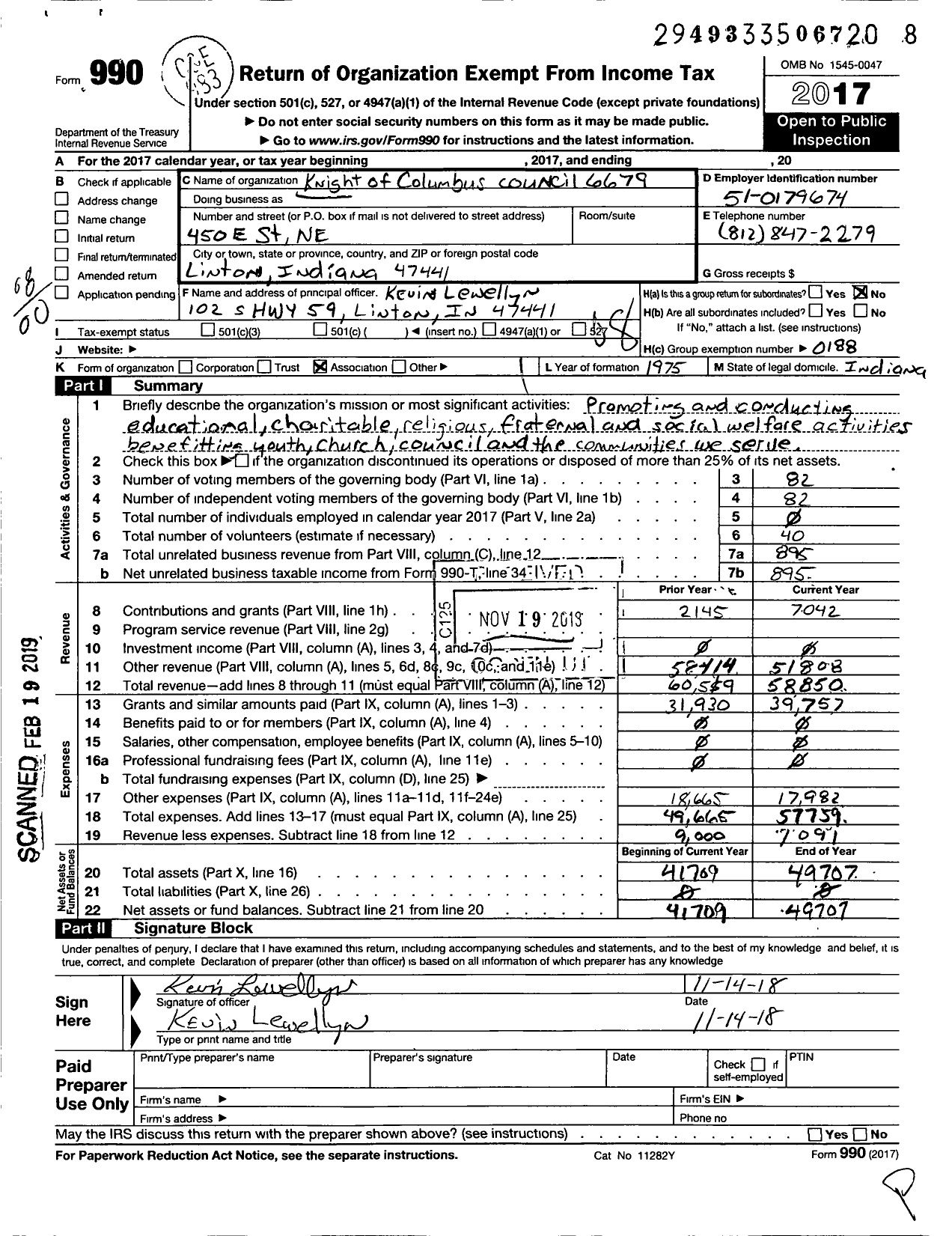 Image of first page of 2017 Form 990O for Knights of Columbus - 6679 C L Burns Father Ryan Council