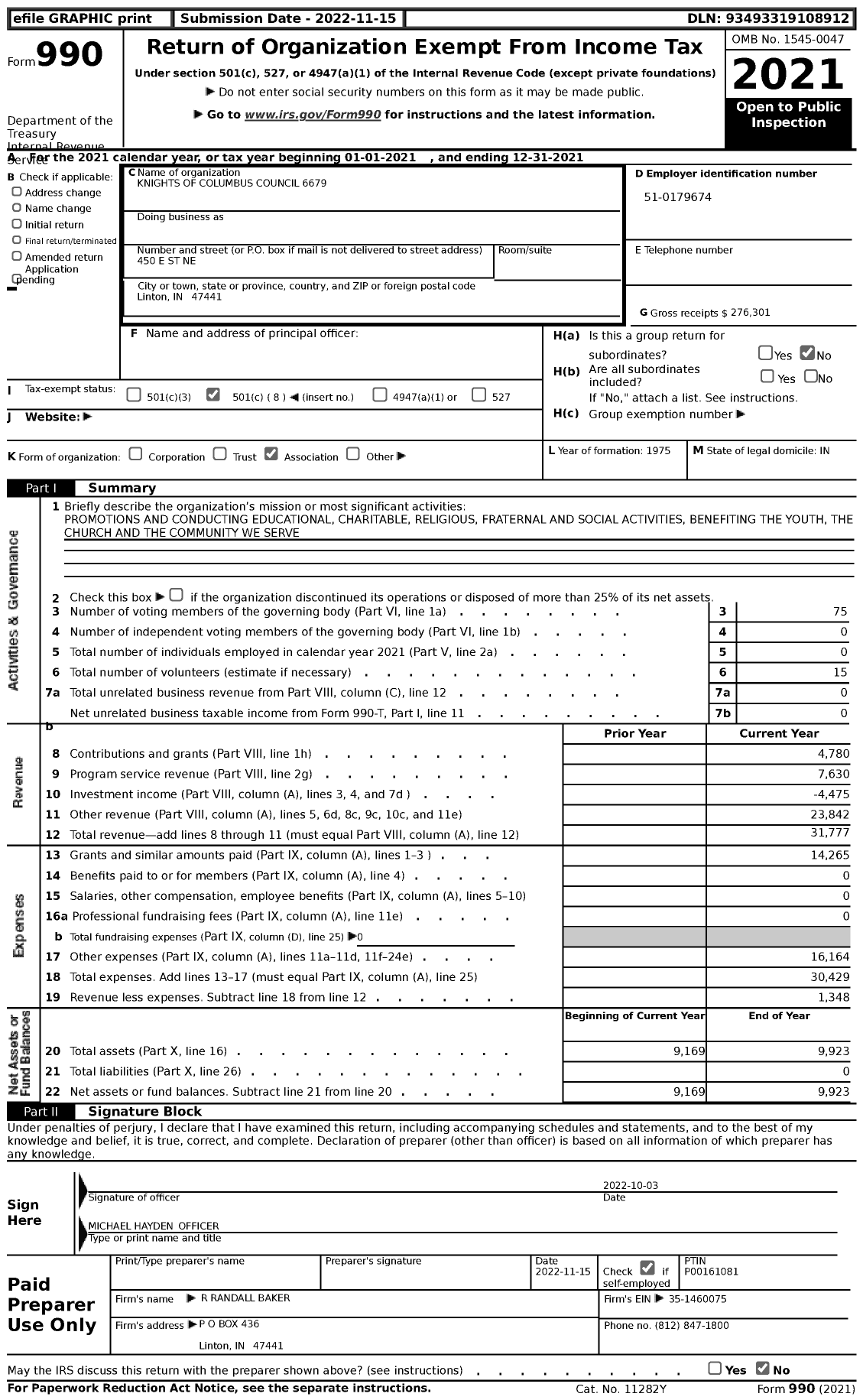 Image of first page of 2021 Form 990 for Knights of Columbus - 6679 C L Burns Father Ryan Council