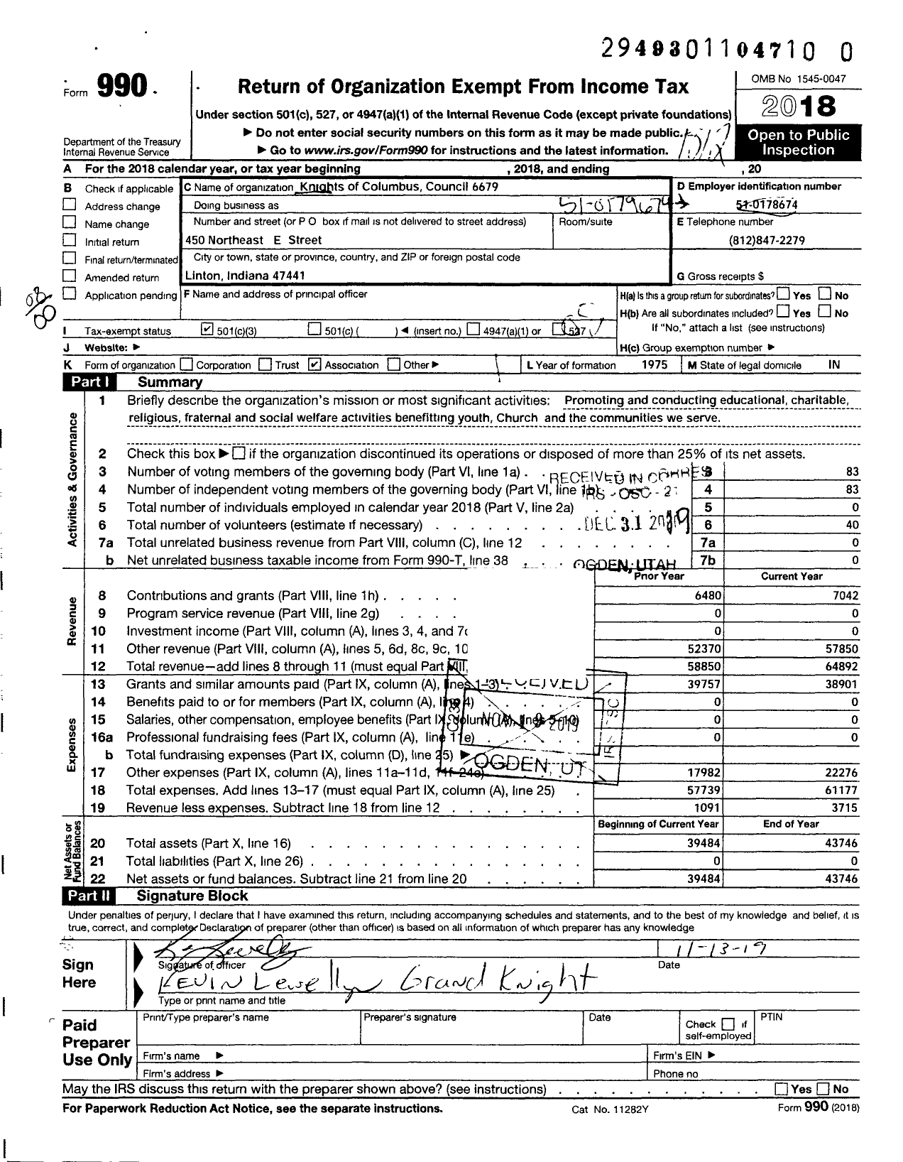 Image of first page of 2018 Form 990O for Knights of Columbus - 6679 C L Burns Father Ryan Council