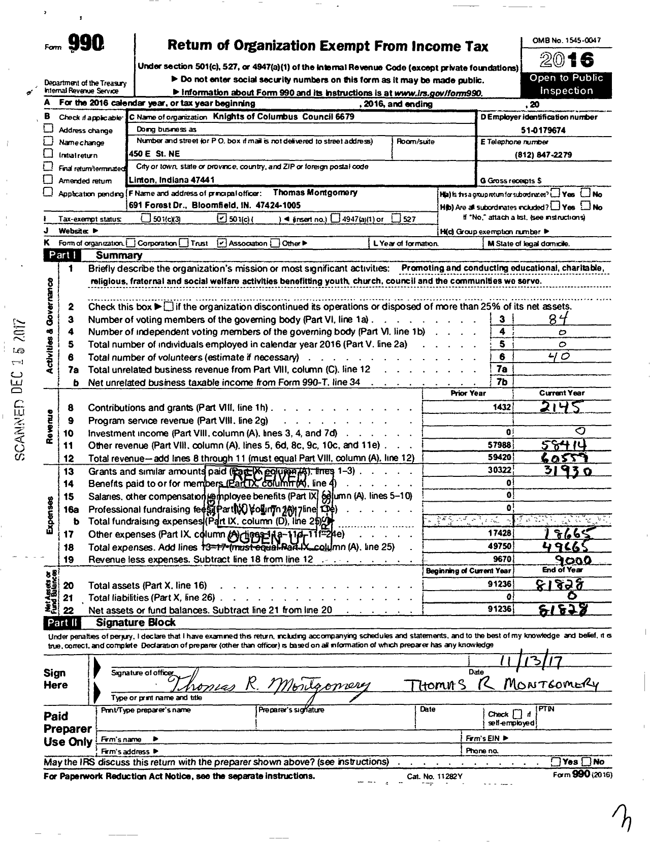 Image of first page of 2016 Form 990O for Knights of Columbus - 6679 C L Burns Father Ryan Council