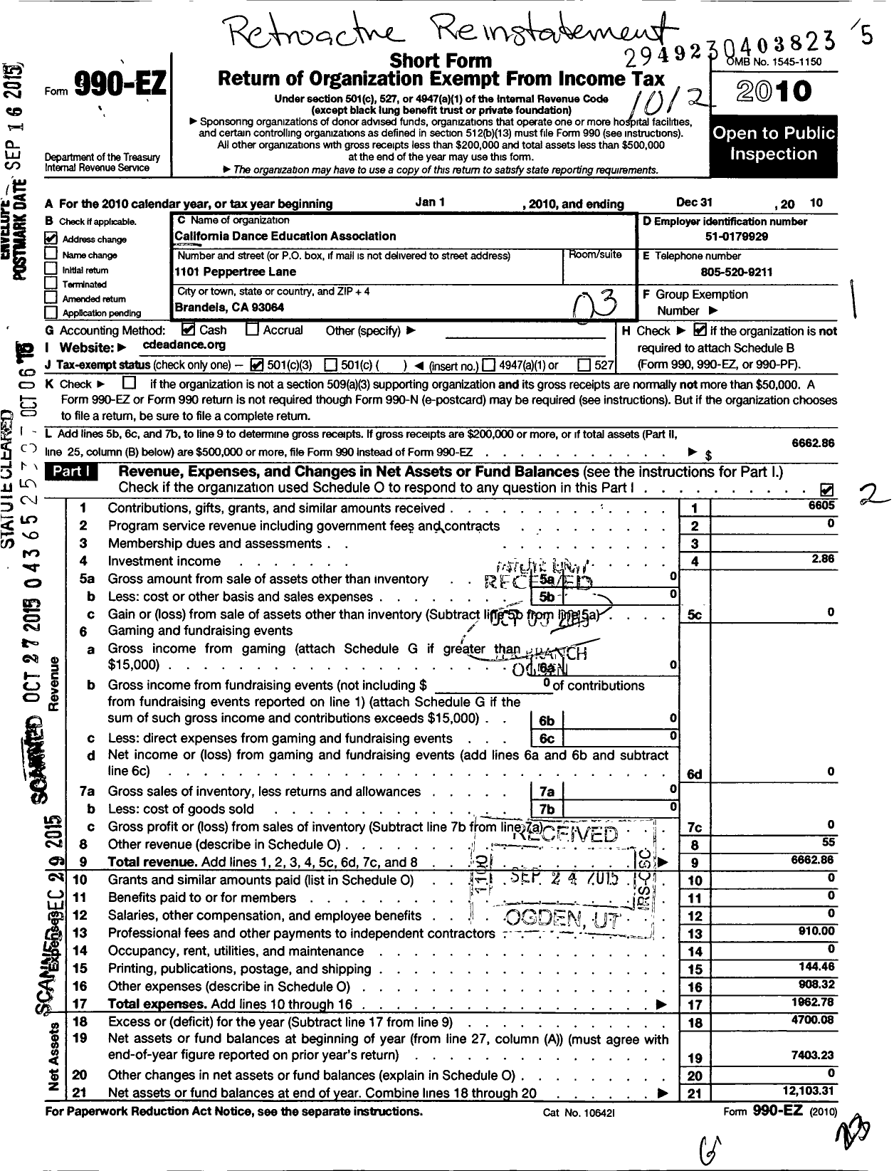 Image of first page of 2010 Form 990EZ for California Dance Education Association Incorporated
