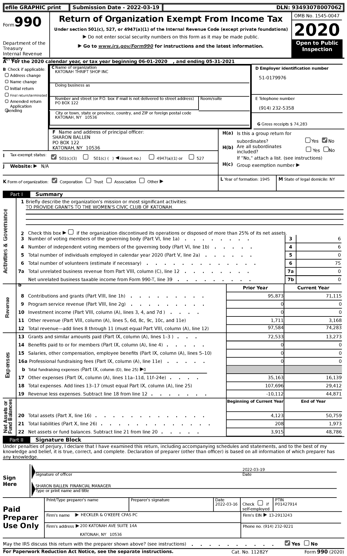 Image of first page of 2020 Form 990 for Katonah Thrift Shop