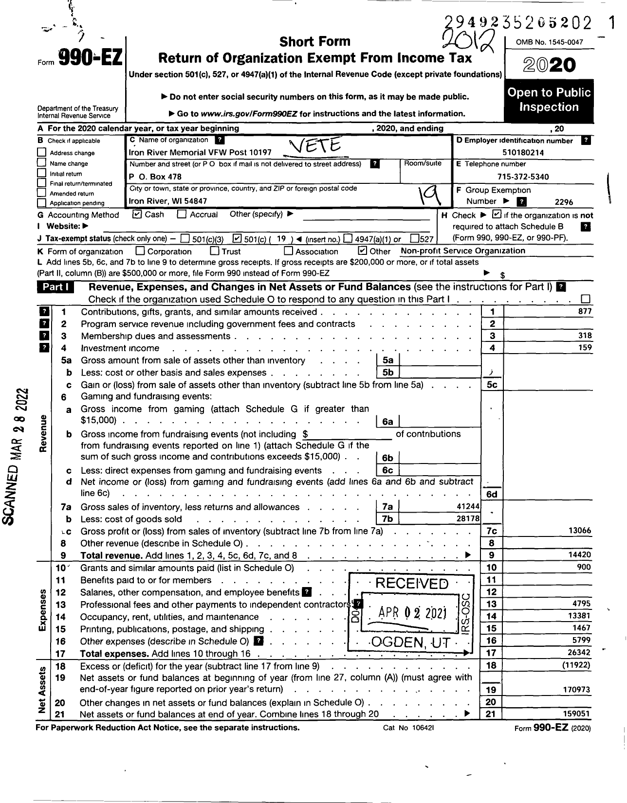 Image of first page of 2020 Form 990EO for VFW Wi - 10197 Vfw-Iron River Memorial