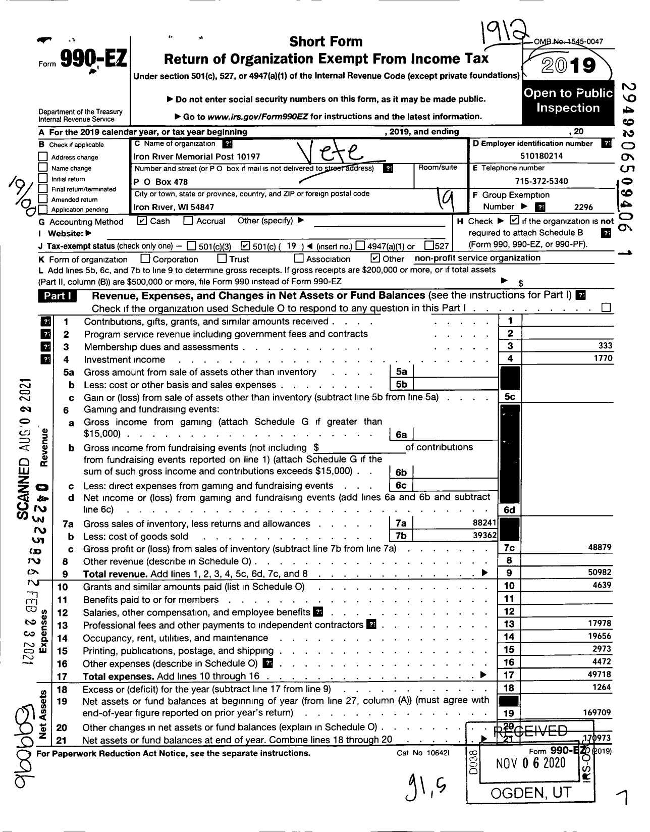 Image of first page of 2019 Form 990EO for VFW Wi - 10197 Vfw-Iron River Memorial